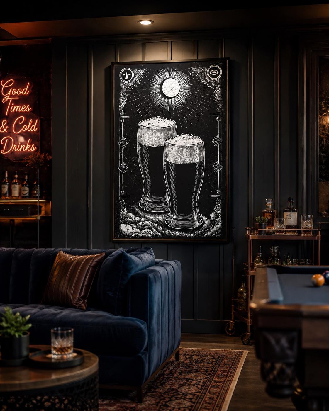 Person holding a framed black-and-white beer mug illustration in a workshop-style bar setting