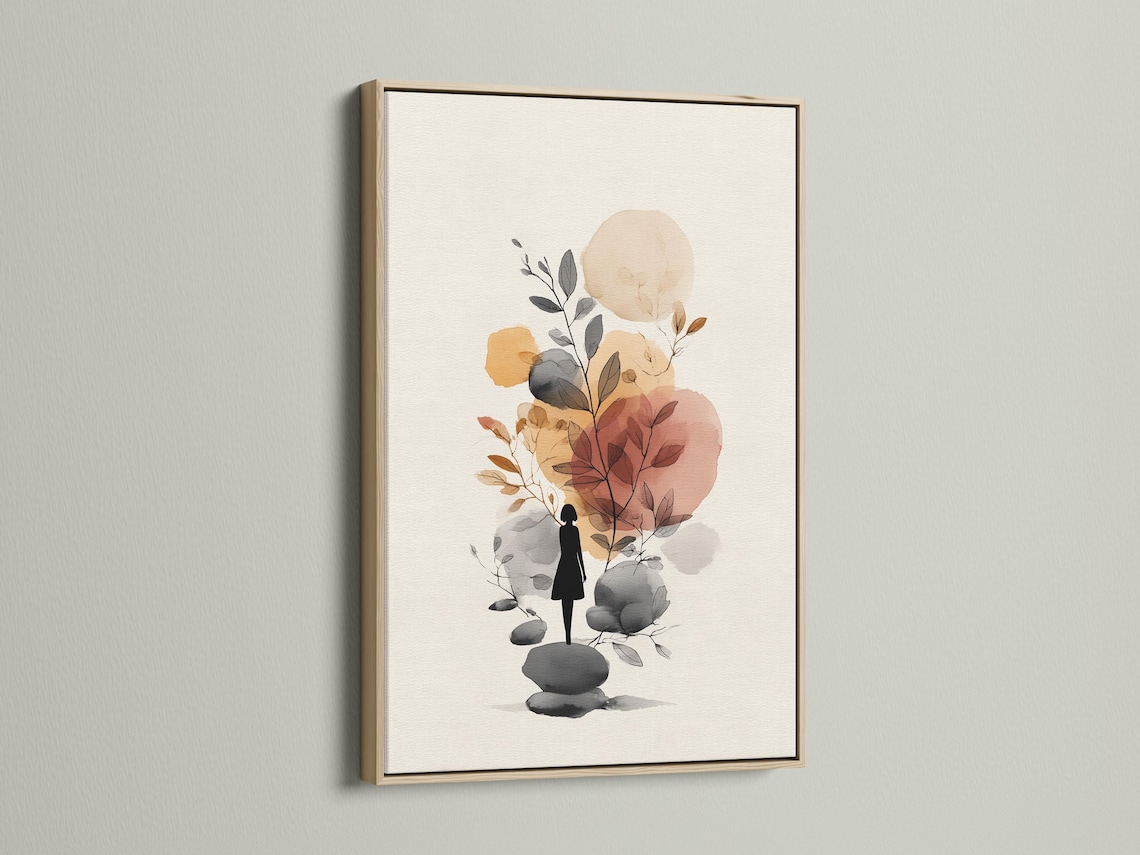 Minimalist botanical illustration with a woman silhouette, leaves, and rounded stones in neutral tones detail view