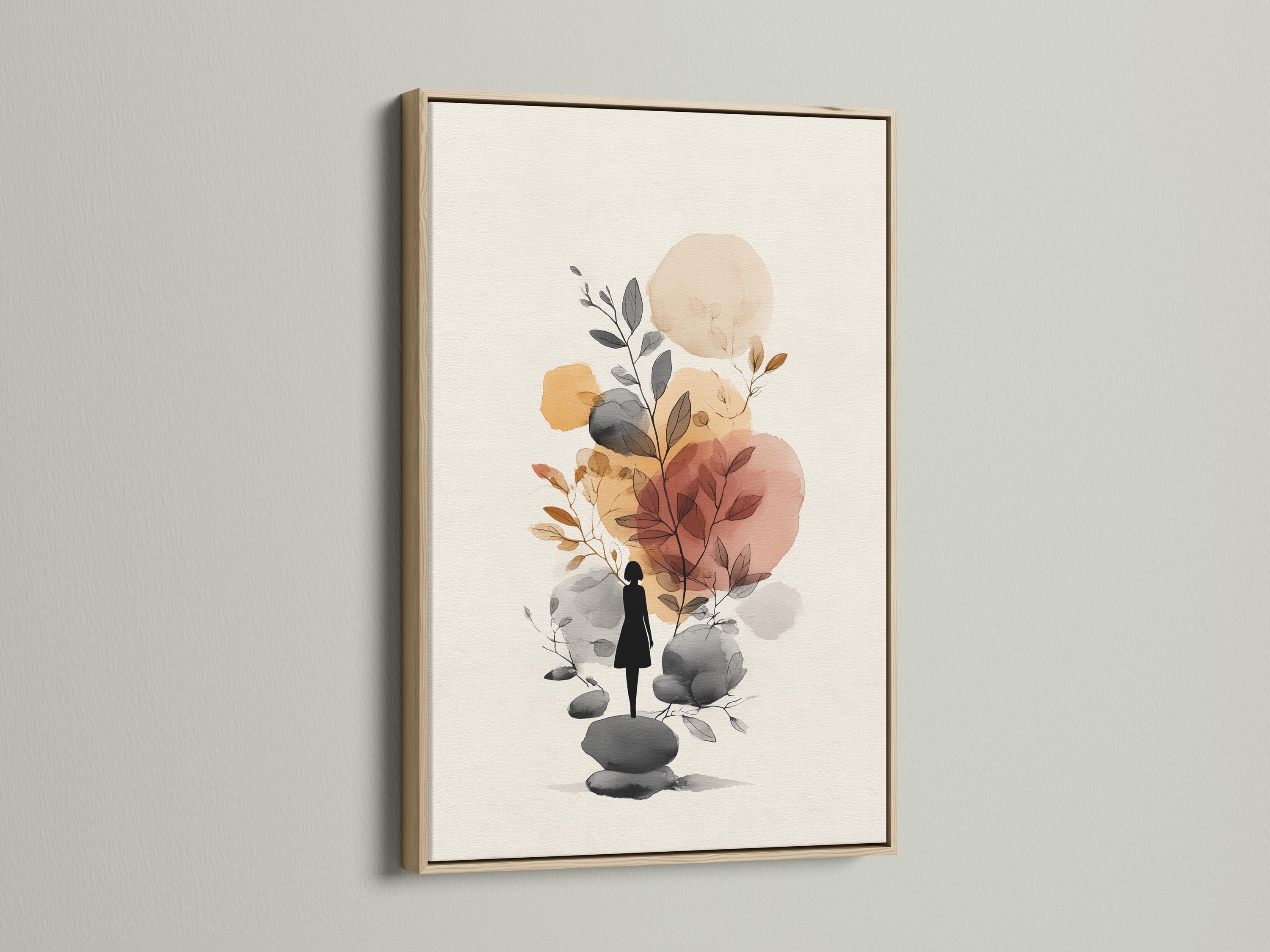 Minimalist botanical illustration with a woman silhouette, leaves, and rounded stones in neutral tones detail view