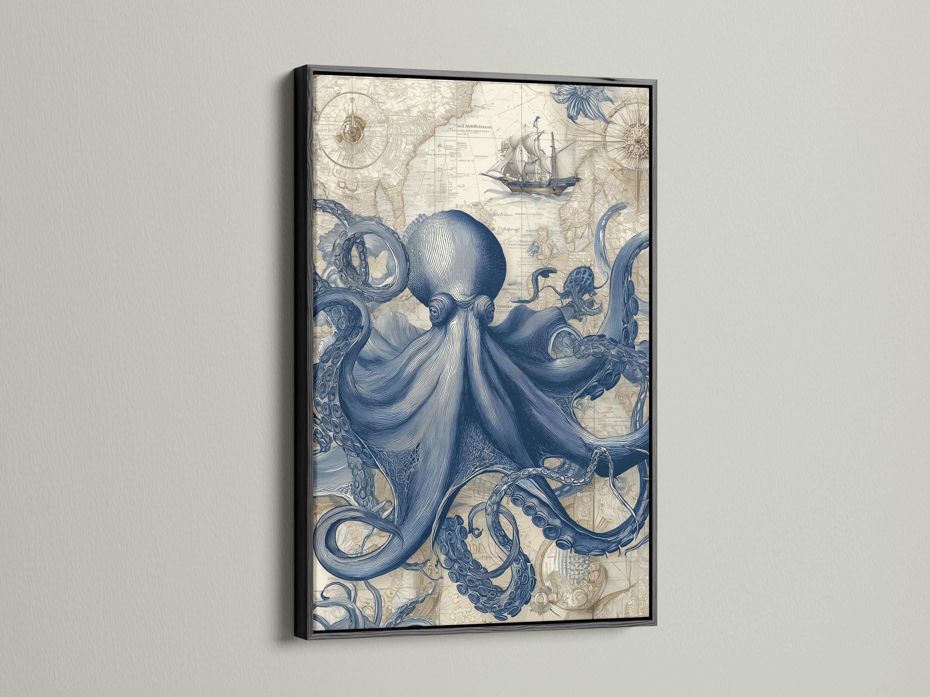 Blue octopus illustration over a vintage map background with a small sailboat detail view