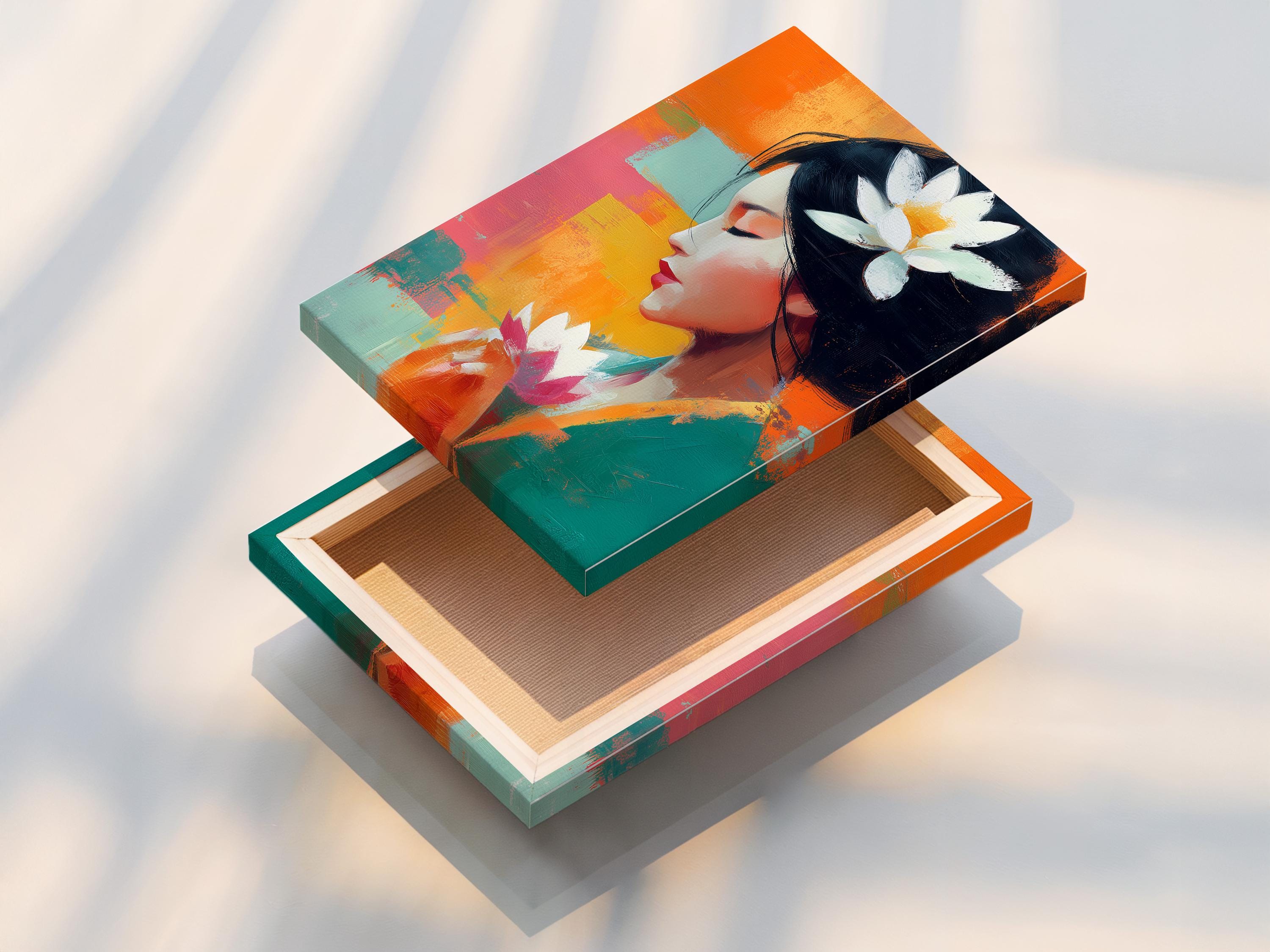 An abstract portrait of a woman in side profile appears alongside large lotus flowers, set against bright patchwork colours with bold painterly brush