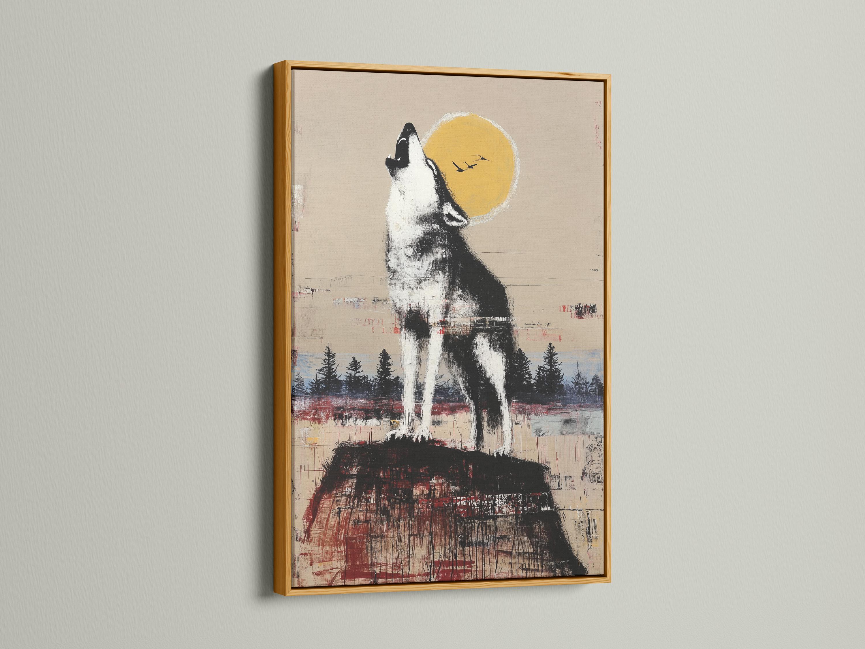Black and white howling wolf beneath a warm yellow moon with a forest landscape detail view