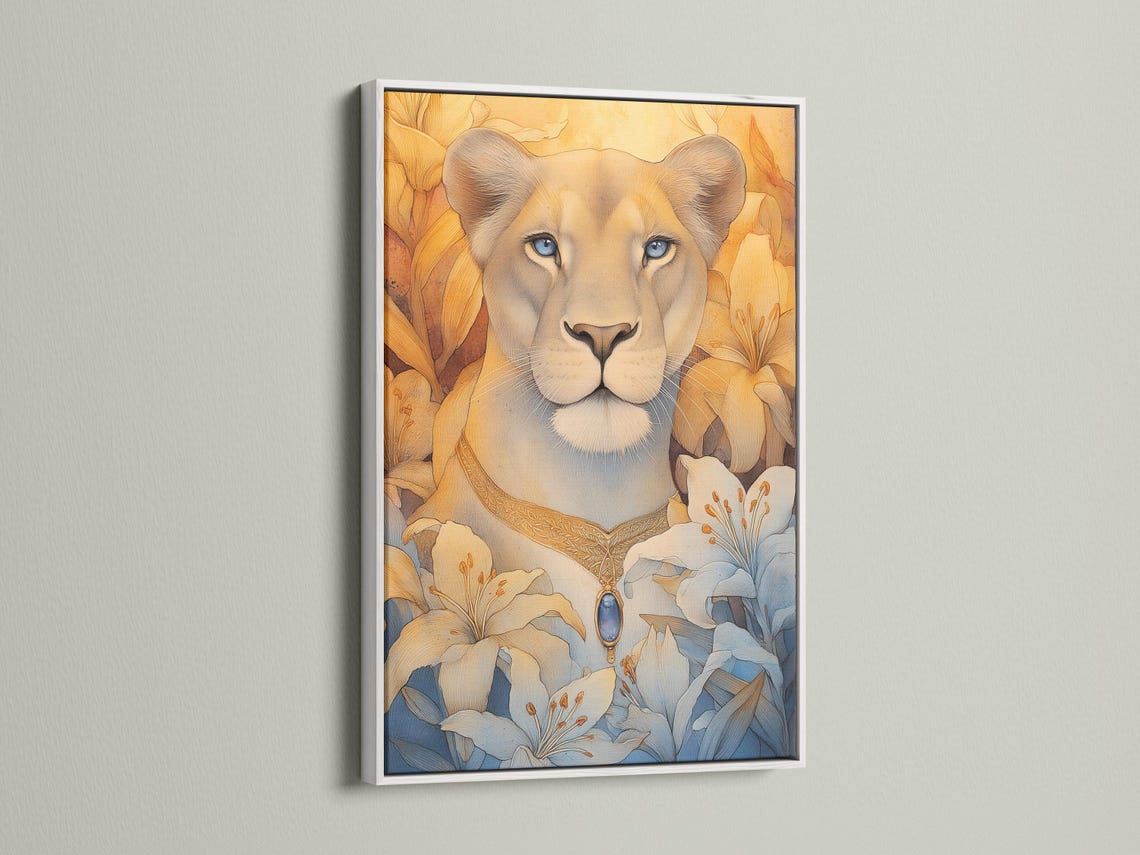 Blue-eyed lioness portrait with pale blue lily flowers and warm gold foliage background detail view