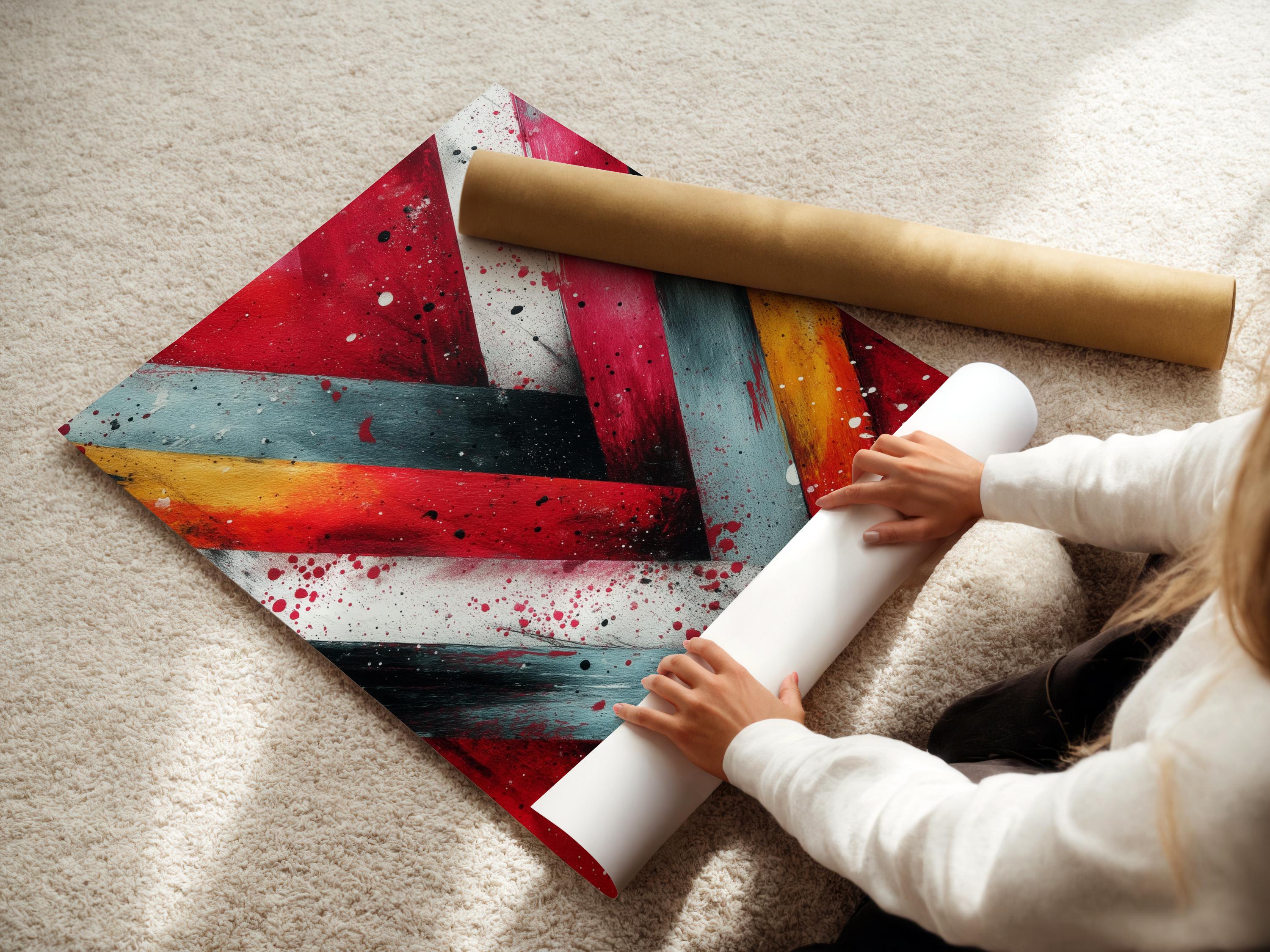 Abstract chevron V shape in red, teal and warm yellow with speckled dots detail view