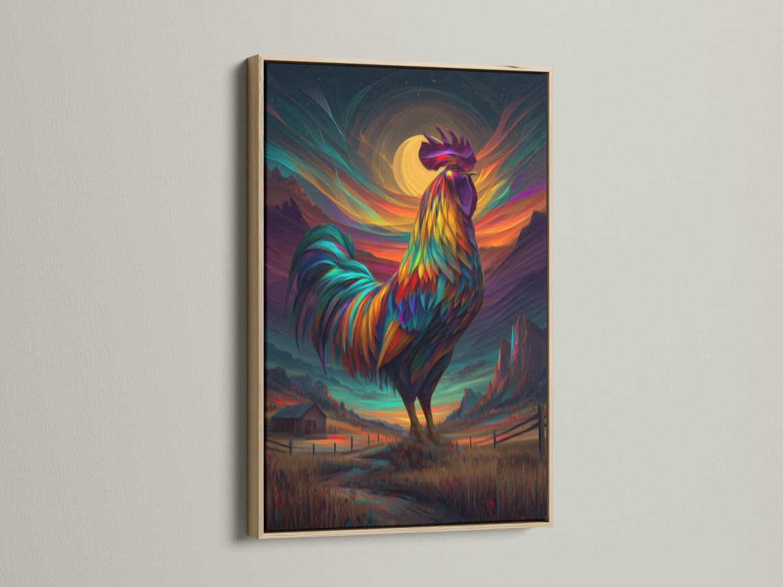 Stylised rainbow-feather rooster standing in front of a glowing sunset landscape detail view