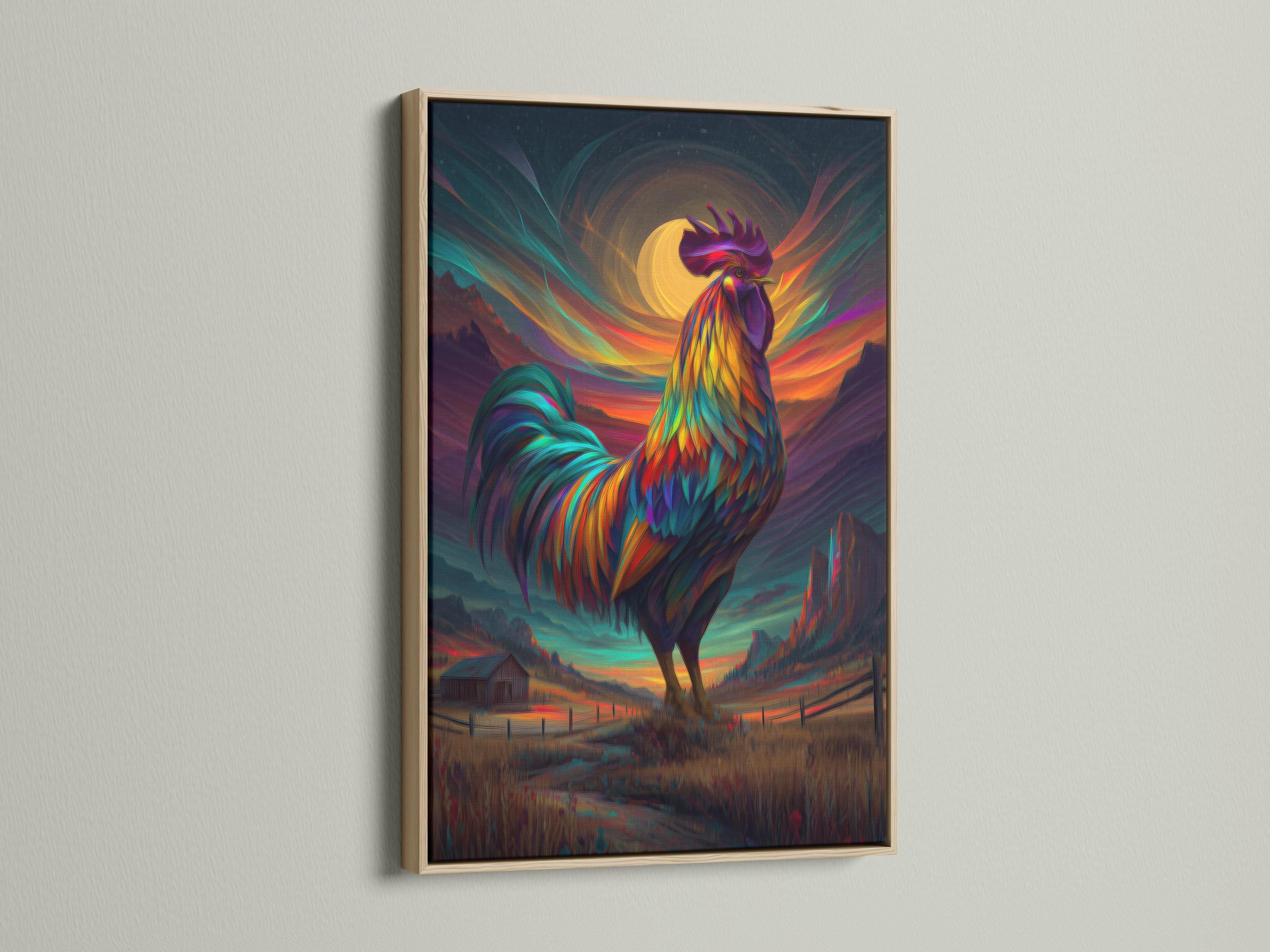 Stylised rainbow-feather rooster standing in front of a glowing sunset landscape detail view