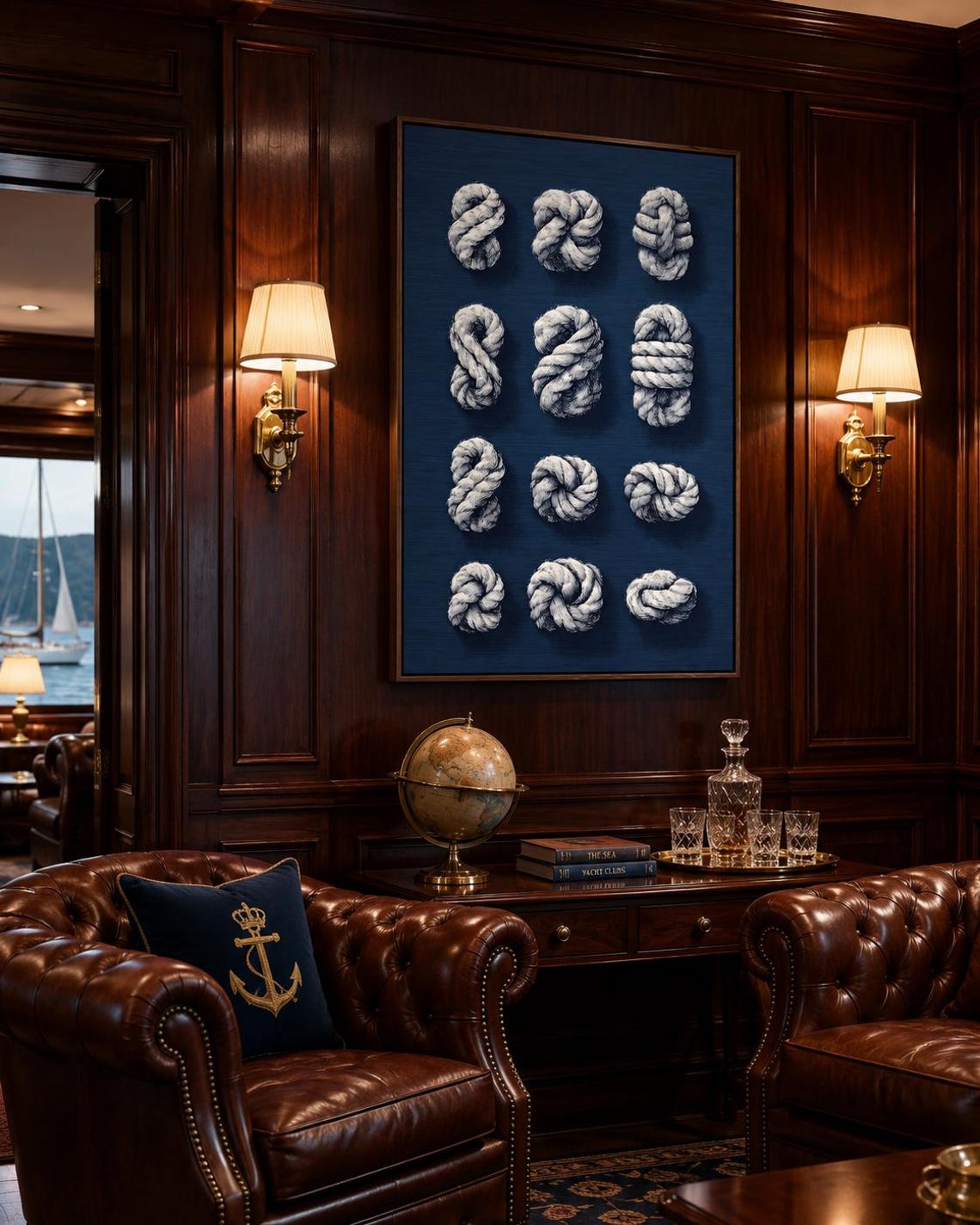 Nine white rope knots arranged on a navy blue background detail view
