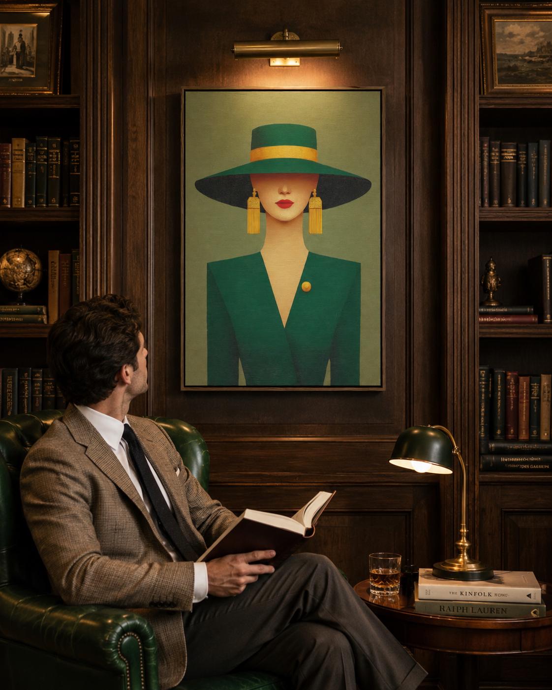 A stylised portrait of an elegant woman in a wide-brim hat, shown against a muted green background with gold accents and Art Deco-inspired shapes