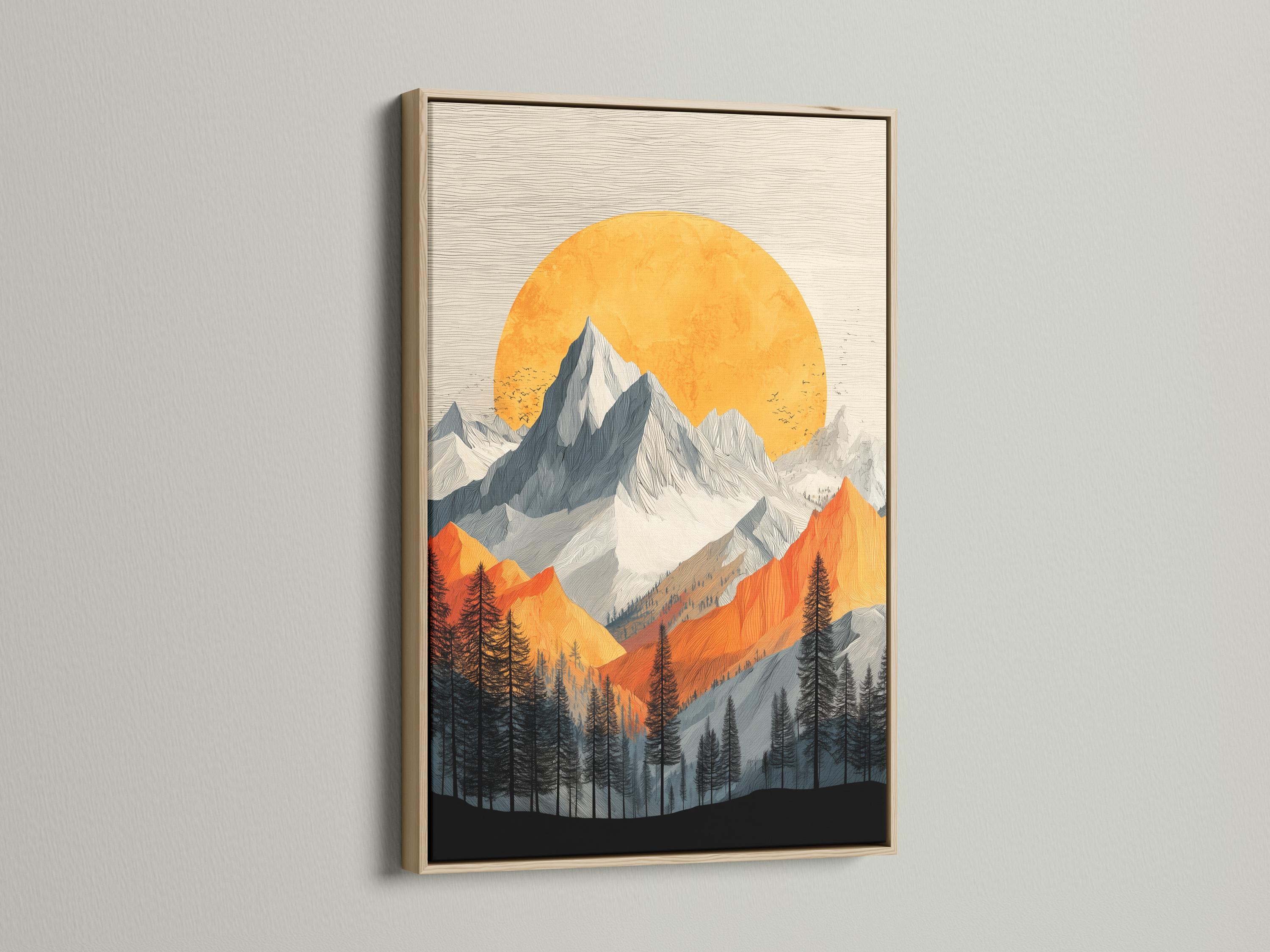 Stylised alpine mountain landscape with a large orange sun and pine tree silhouettes detail view