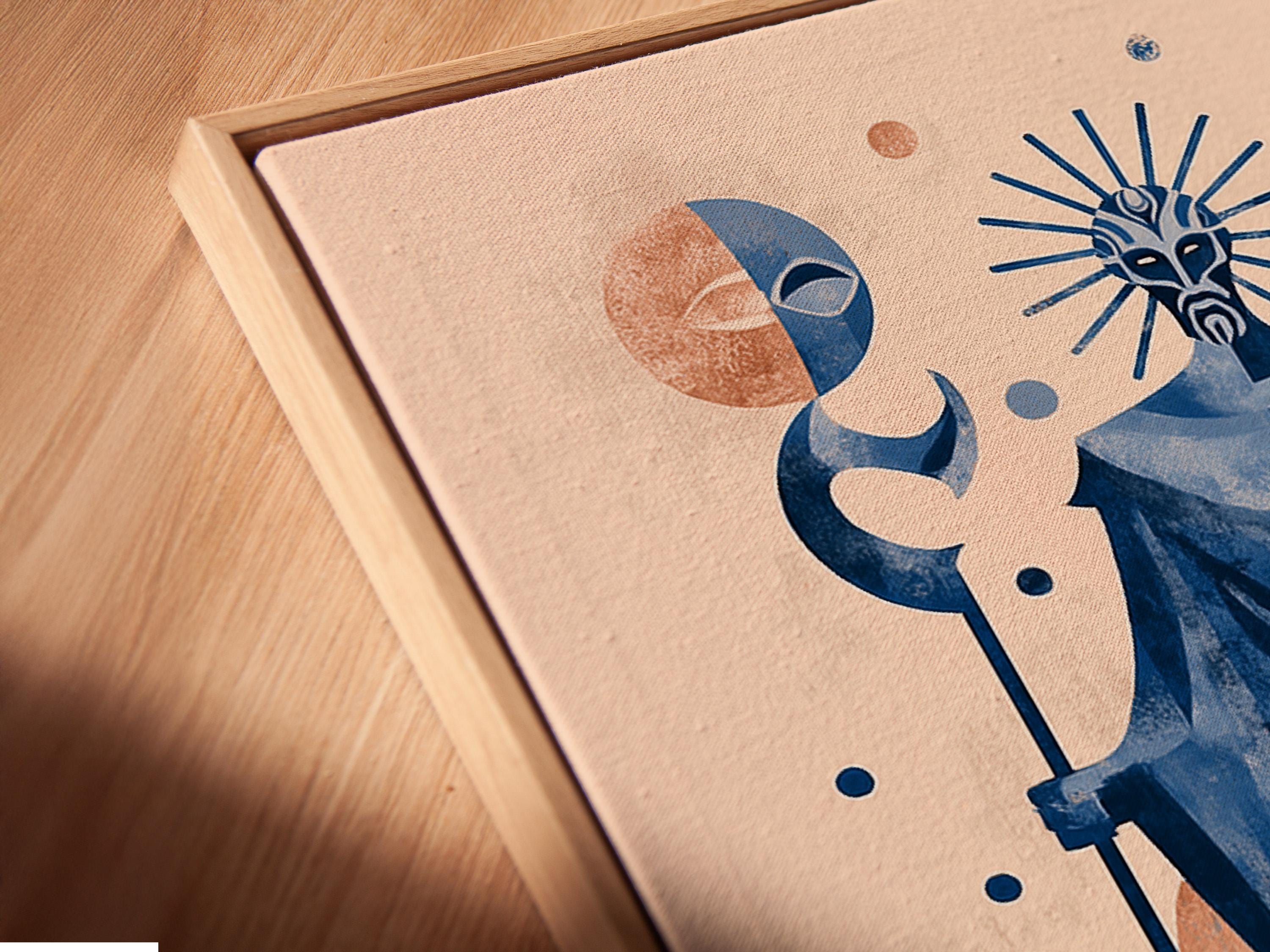 Celestial blue and sage figure with sunburst halo, crescent moons and botanical leaves detail view
