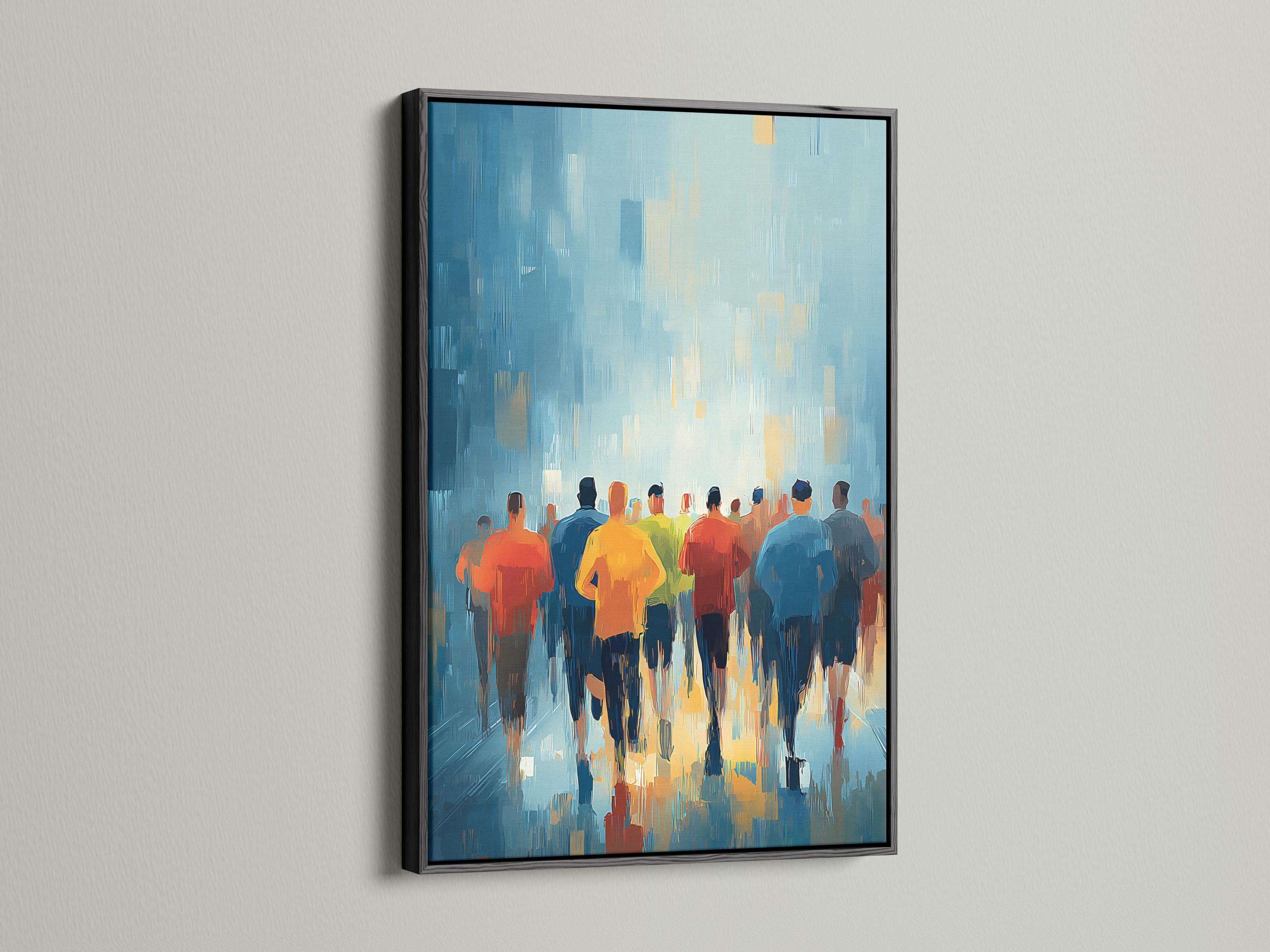 Framed artwork mockup showing stylised runners on a blue city-like background