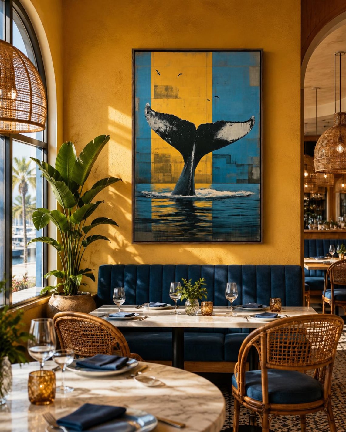 Room mockup showing framed whale tail ocean artwork above a sofa by windows