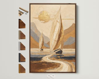 May include: Abstract painting of two sailboats on the water, with a golden sun in the background. The artwork features a textured, impasto style with a palette of beige, gold, and blue tones. The painting is framed in a dark brown wooden frame.