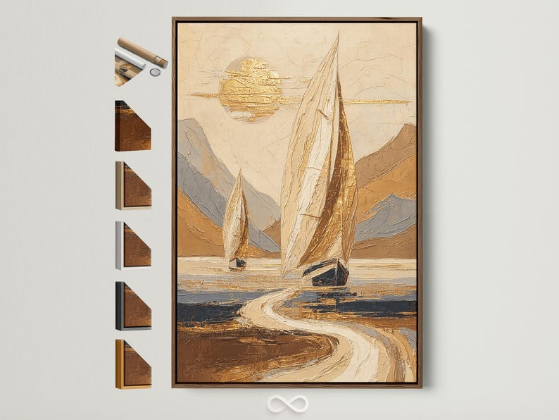 A gold-toned sailboat with billowing sails sits on rippling blue-grey water, set against warm beige and sandy shapes with a bright sun-like glow
