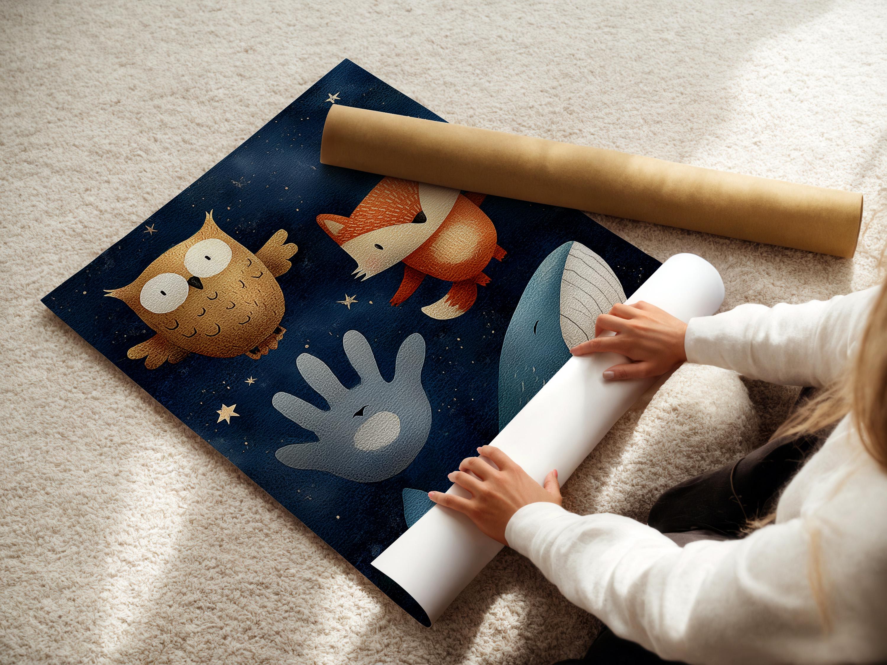 Illustrated whale, fox and owl in a navy starry-night scene with stars detail view