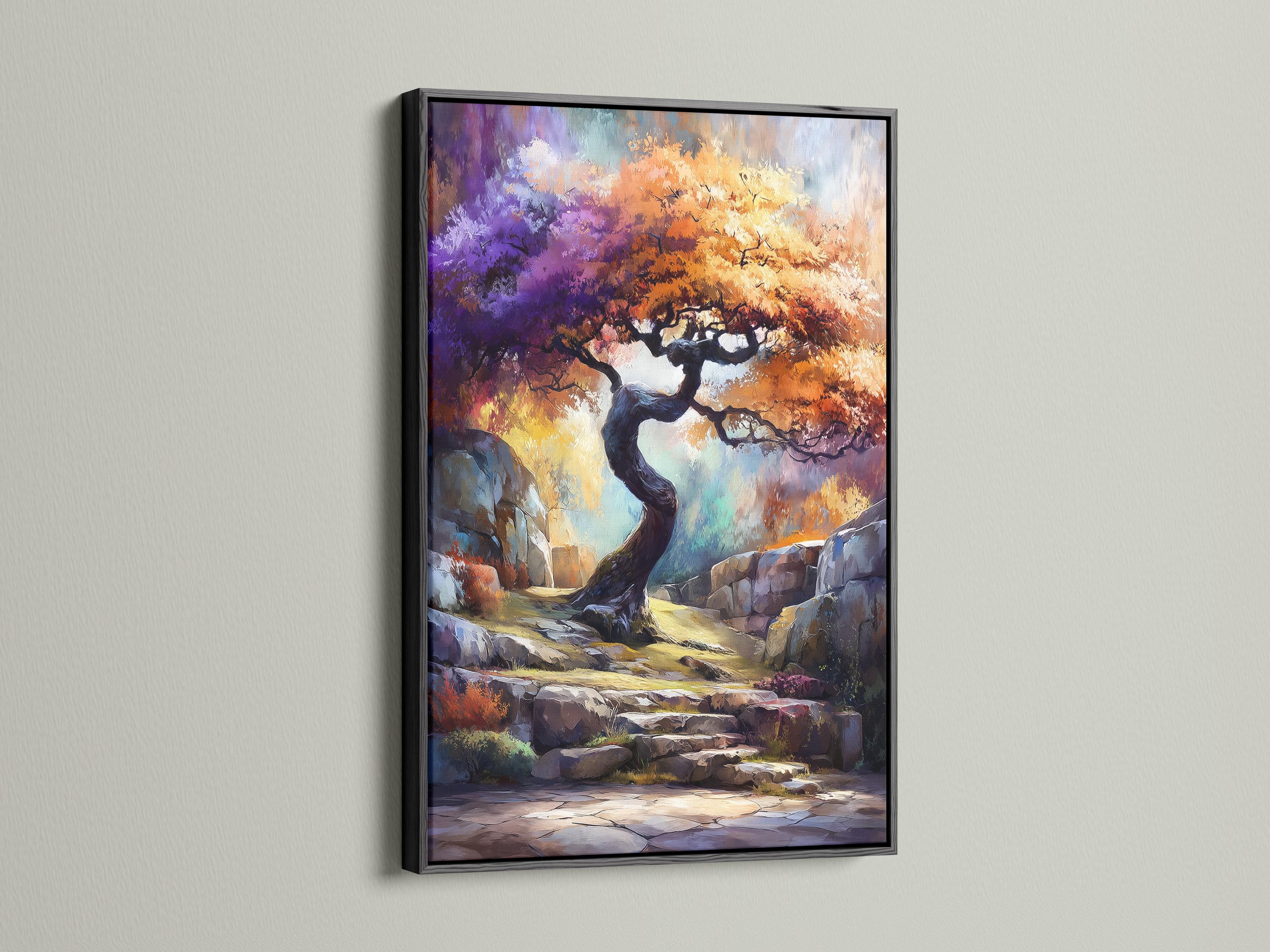 Fantasy tree landscape artwork with a twisted tree, rocky steps and vivid purple, orange and blue colours detail view