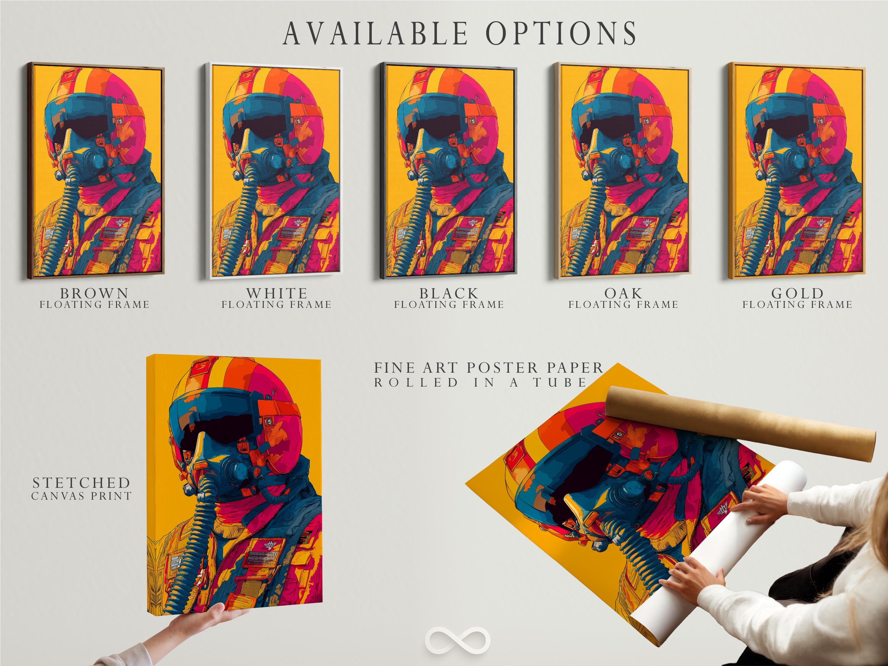 Mockup showing a framed retro pilot wall artwork with teal, orange and hot pink colours on a yellow background