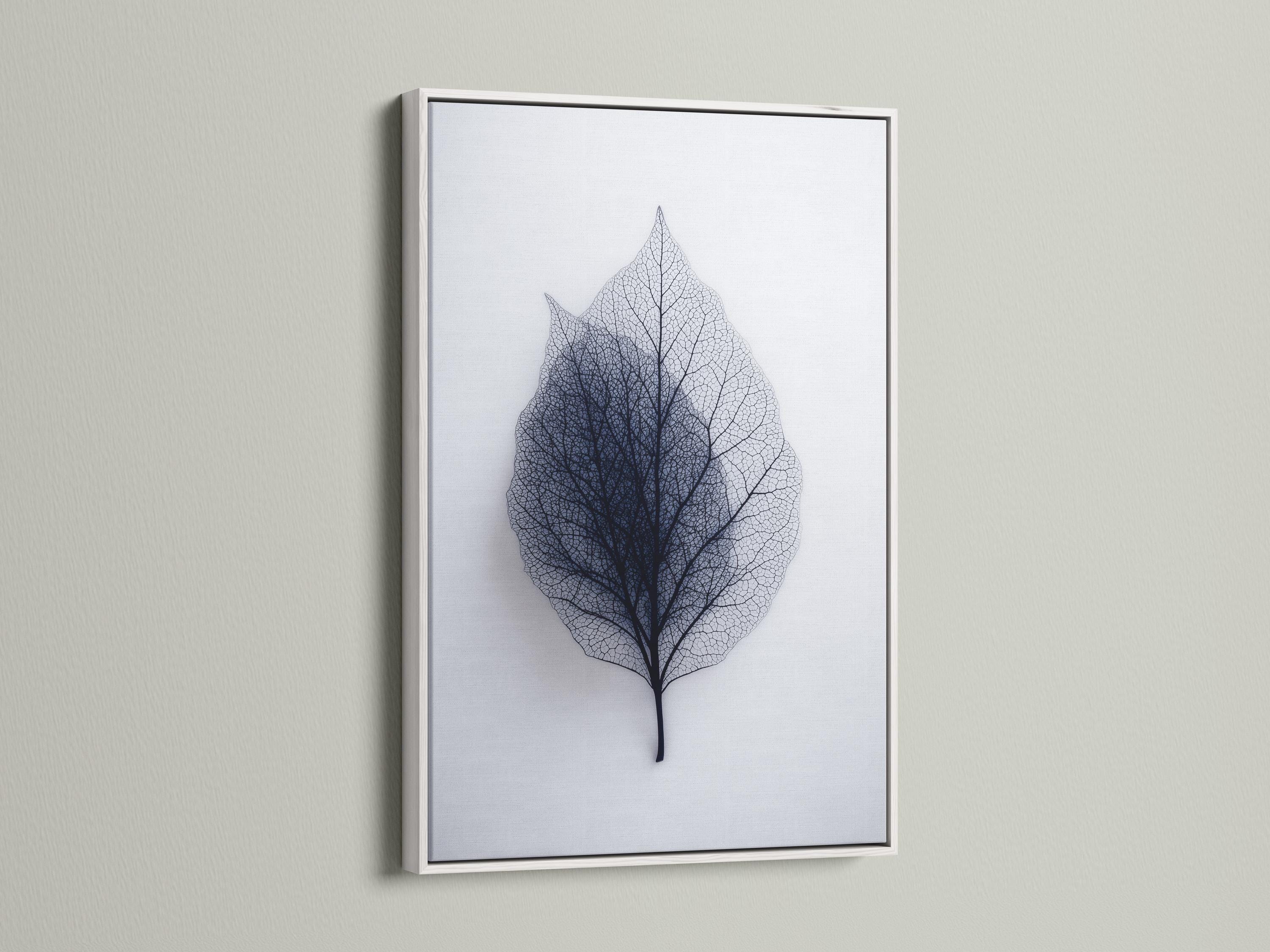 A person looking at a framed leaf skeleton wall artwork in a bright room