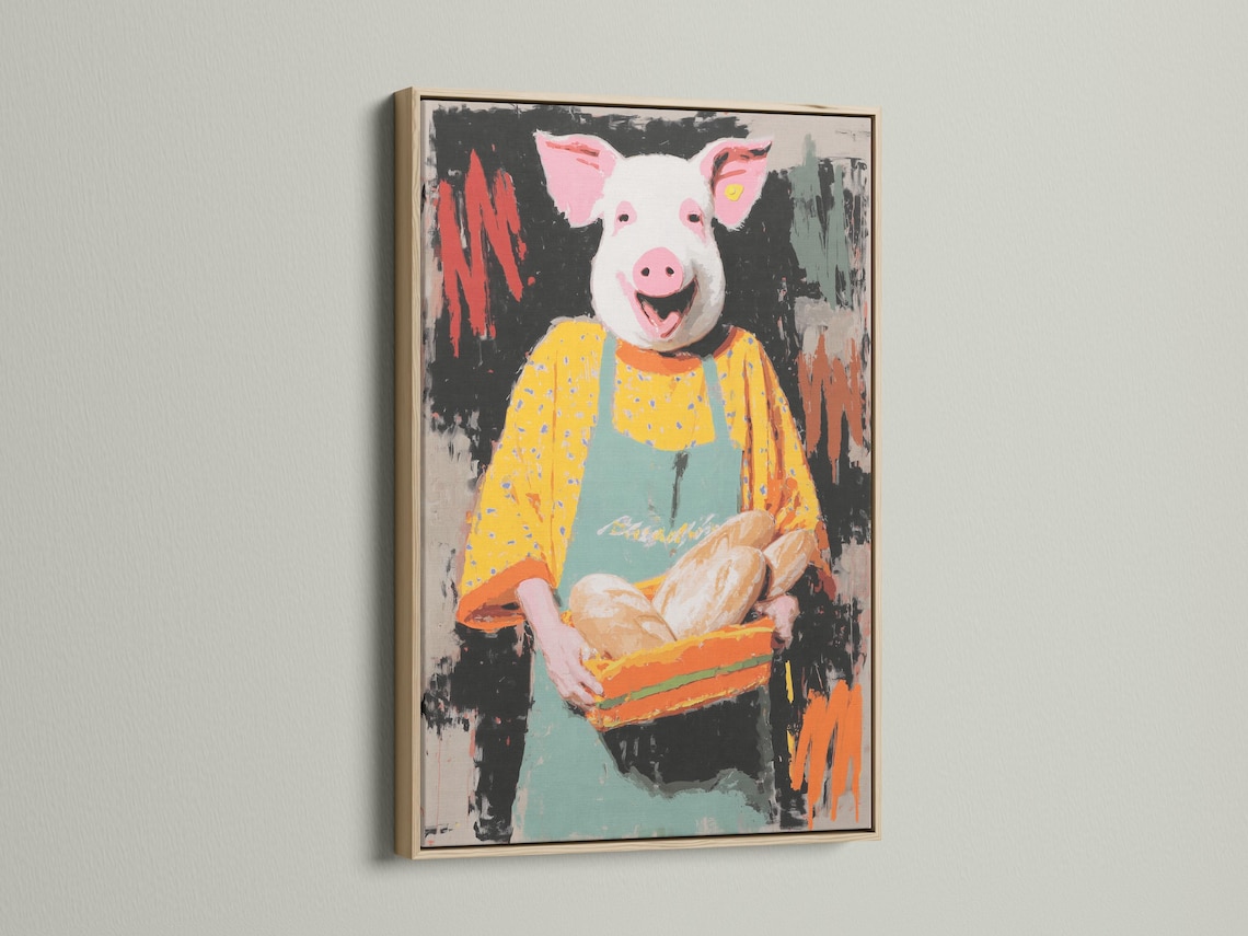 Stylised chef pig holding a tray of buns with a dark splattered background detail view