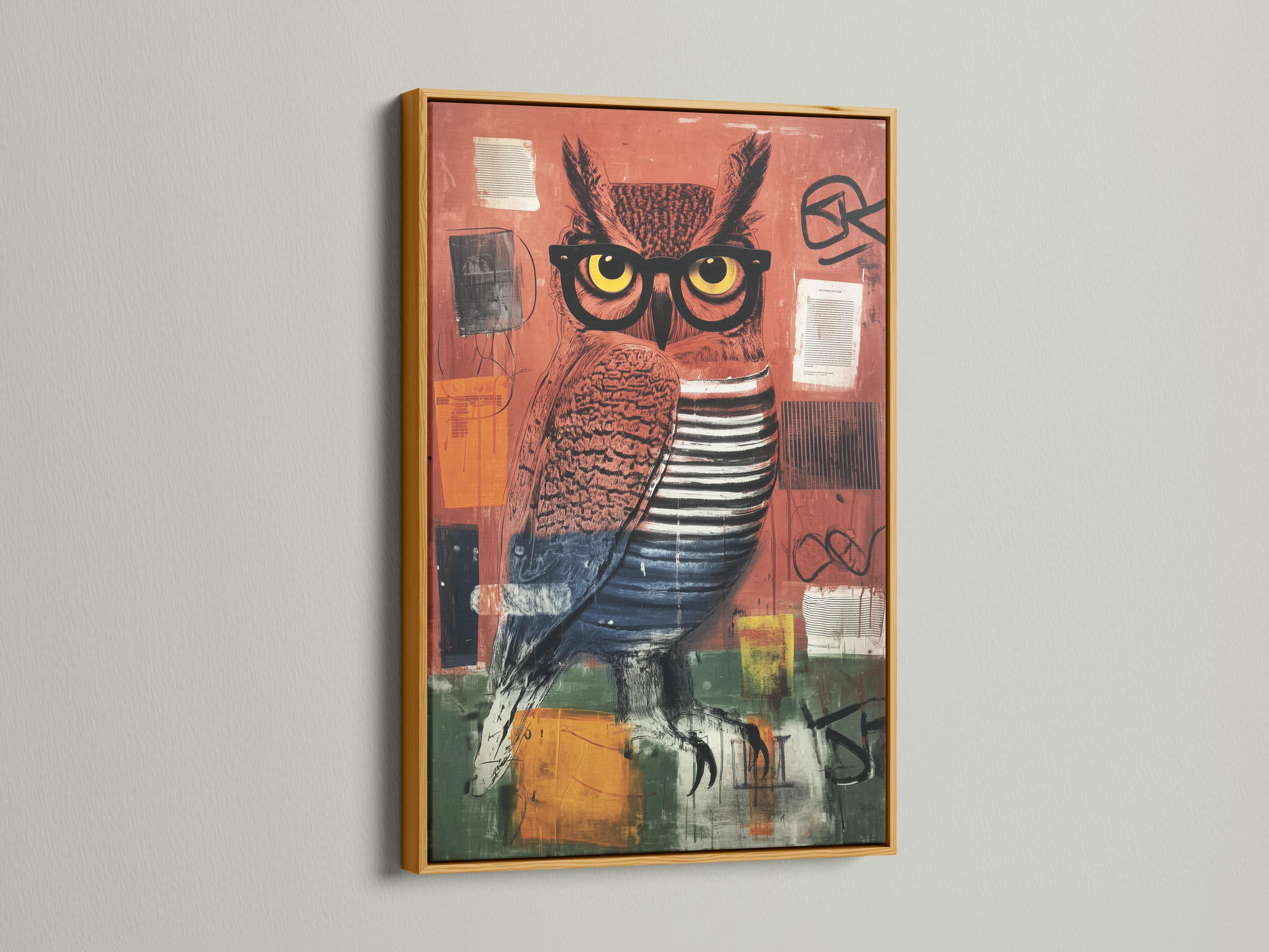 Stylised owl wearing oversized glasses in terracotta, teal and charcoal tones detail view