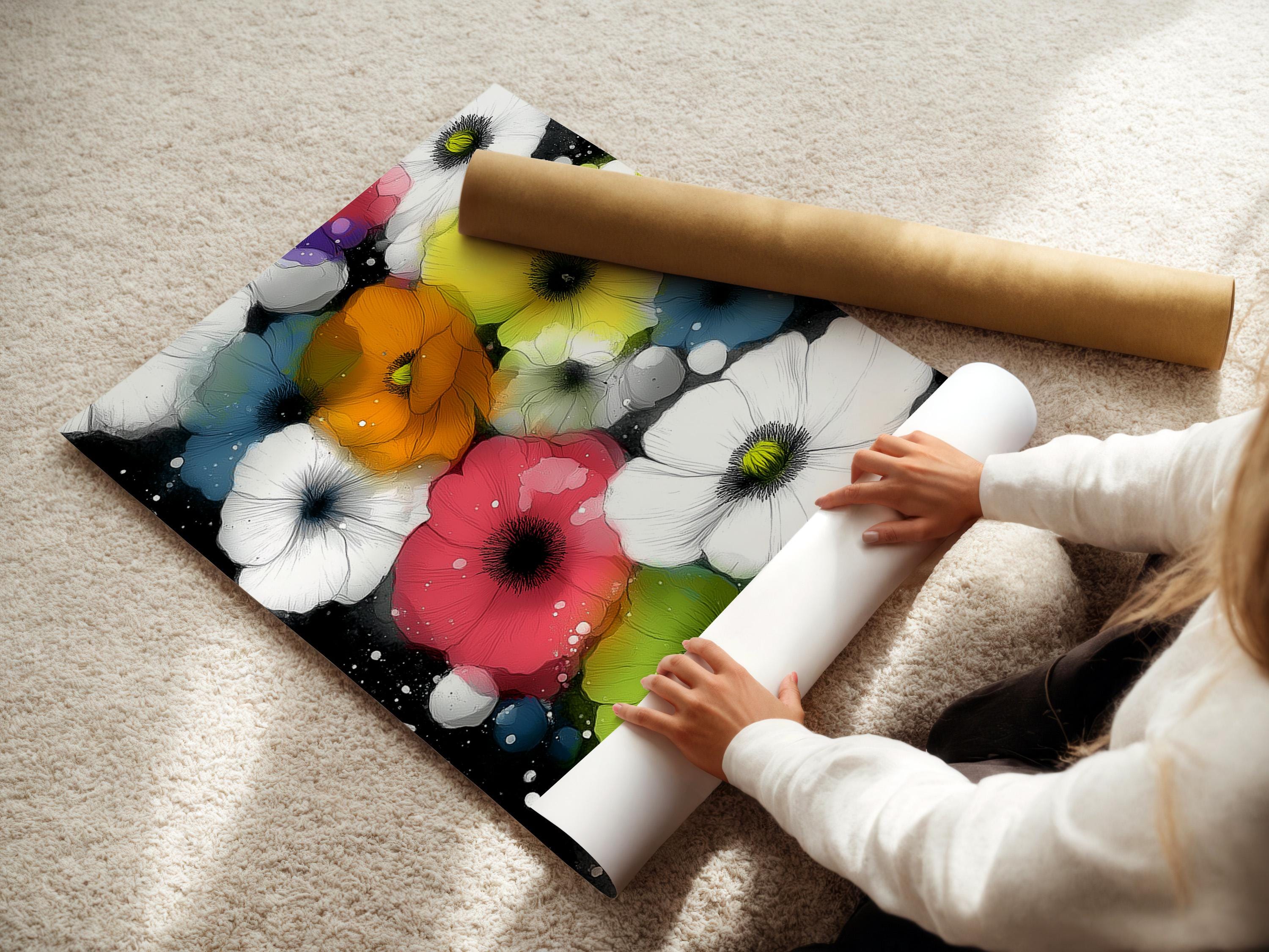 Wall mockup featuring a framed floral artwork with bright poppy-like flowers