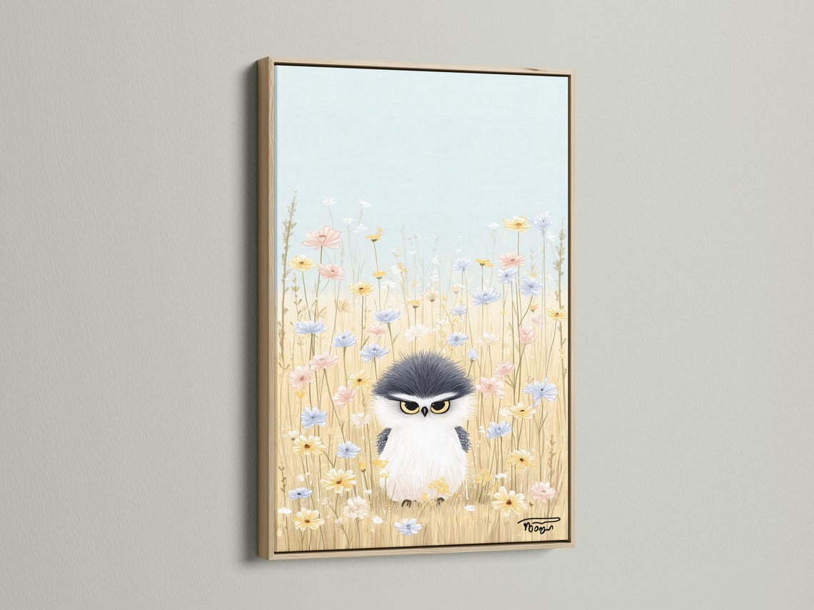 Room mockup showing an artwork with a whimsical owl in a pastel wildflower meadow