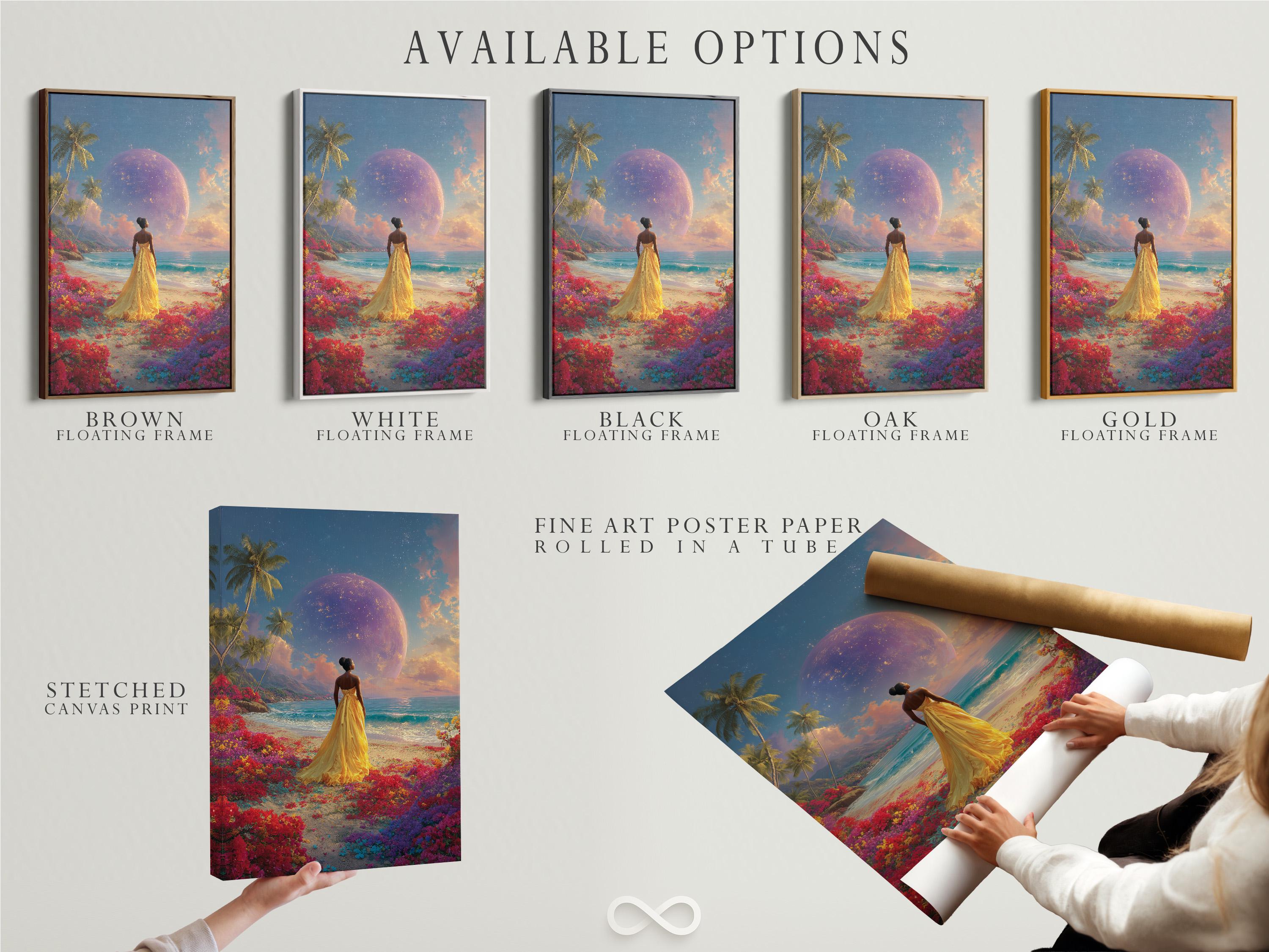 Room scene with a woman in a gold dress tropical beach artwork leaning against a wall