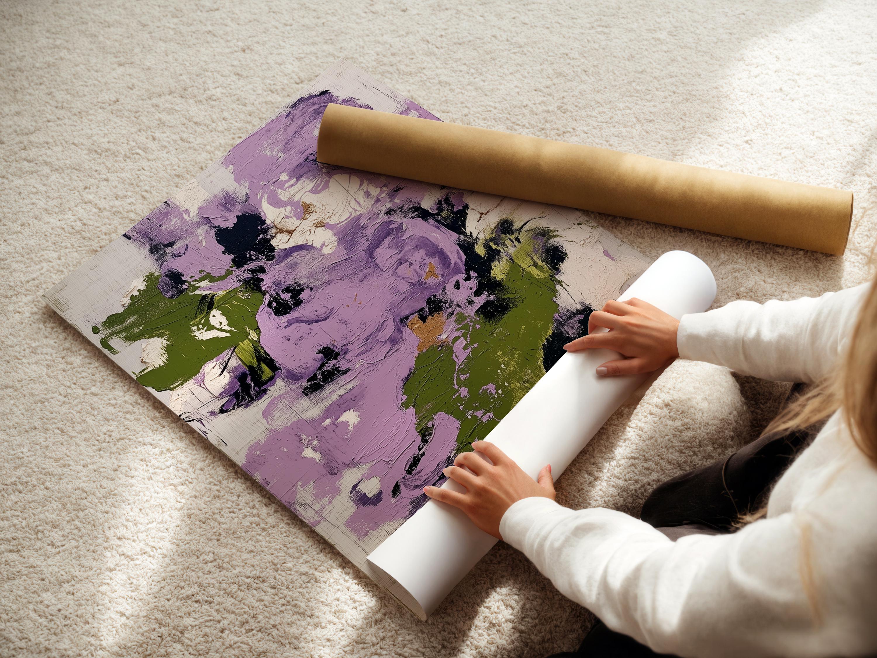 Abstract floral artwork with lilac and purple shapes, muted green accents and textured brush marks detail view