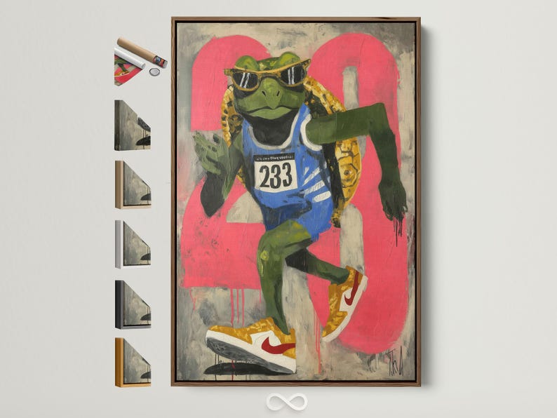 Hot pink graffiti-style runner turtle wearing black sunglasses and a “233” race bib