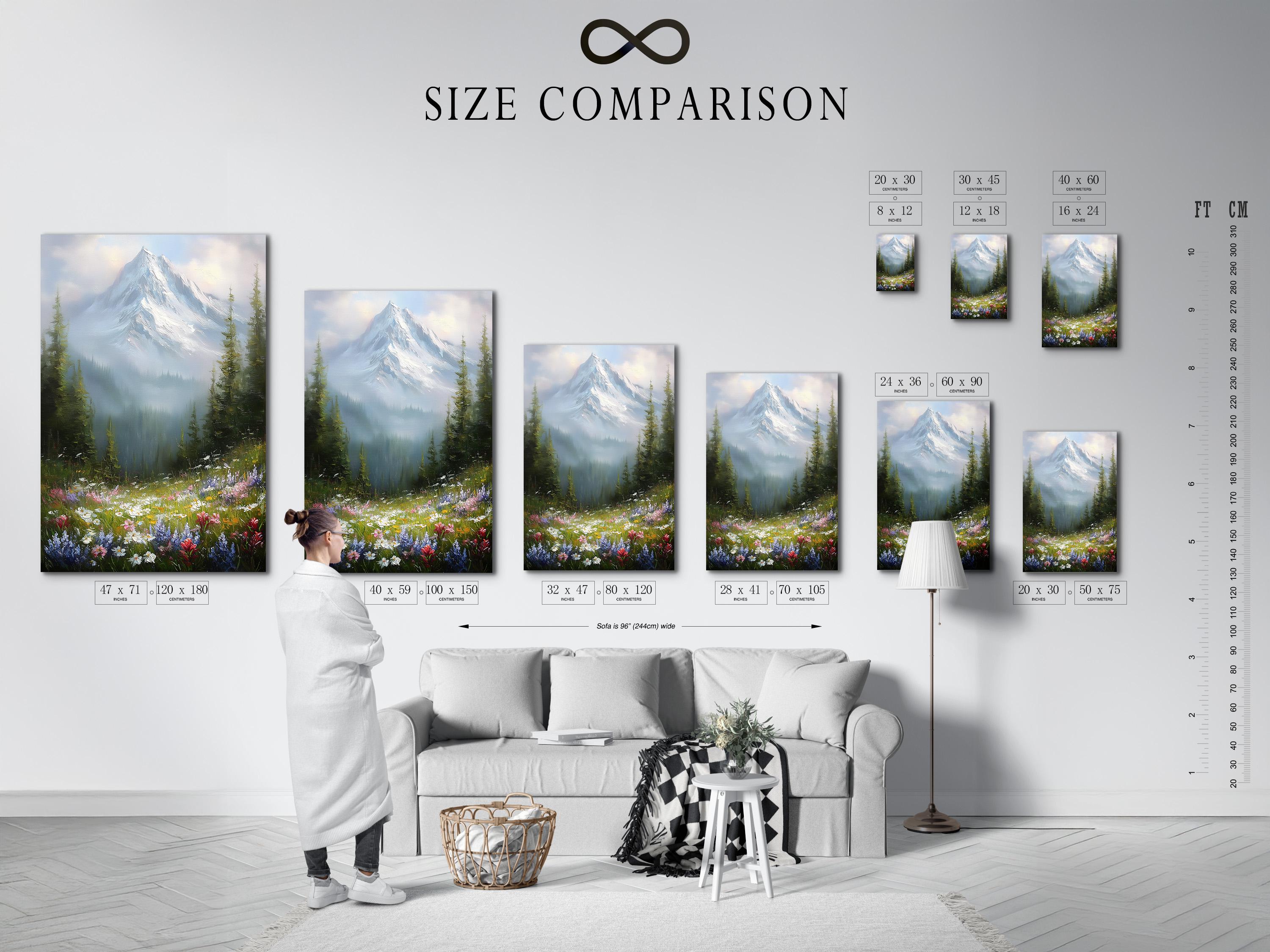 Wall mockup featuring a framed snowy mountain landscape with wildflowers and forest trees