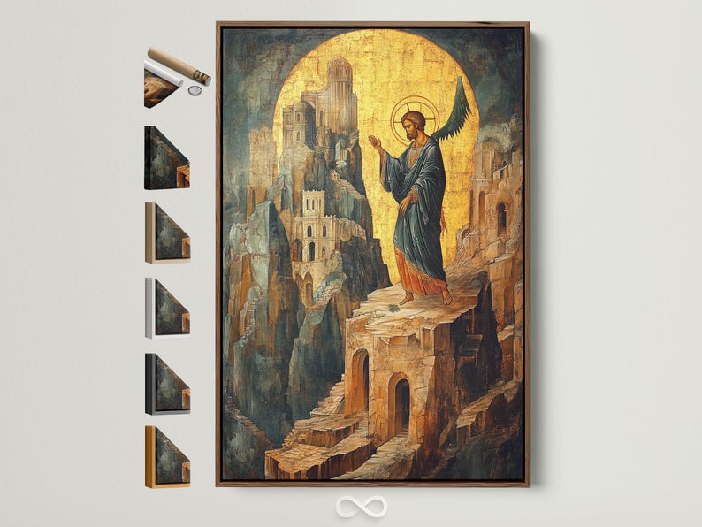 Stylised angel icon with a golden halo standing over a stone cityscape