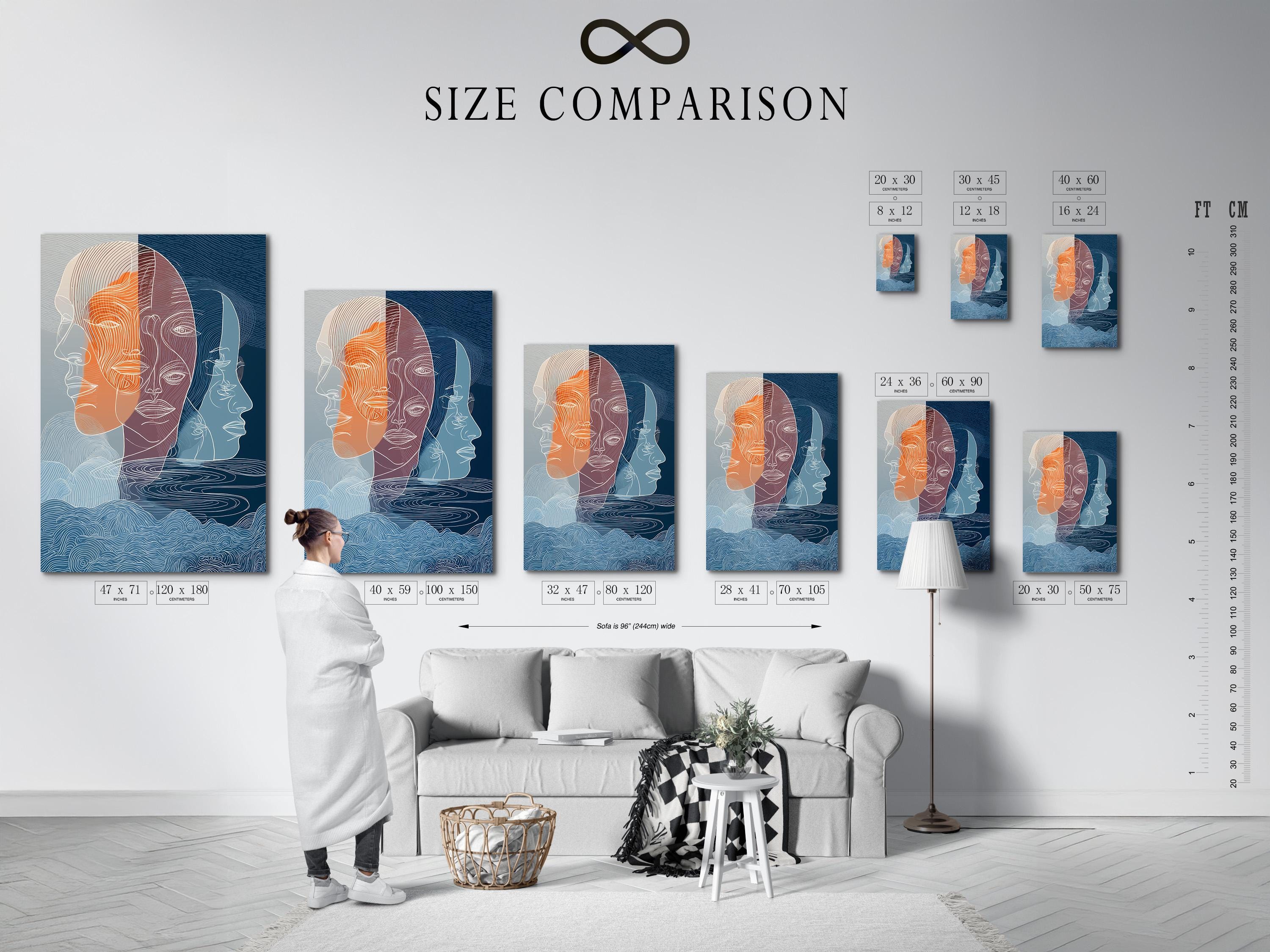 A pair of abstract line-illustrated faces fills the centre, layered in indigo, teal and warm terracotta/orange with flowing contour lines detail view