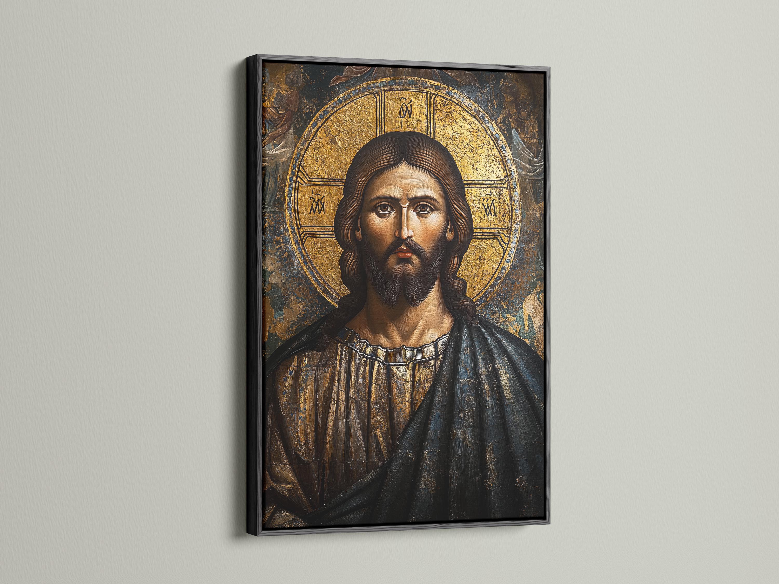 Byzantine-style portrait of Jesus Christ with a gold halo and textured dark background detail view