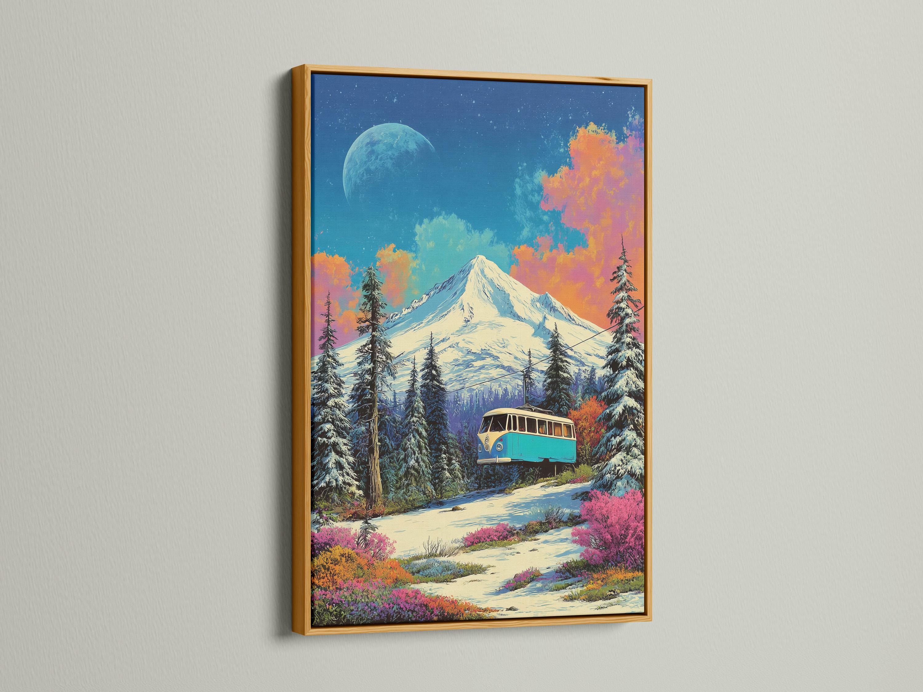 Turquoise bus on a snowy mountain road under a moonlit deep blue sky detail view