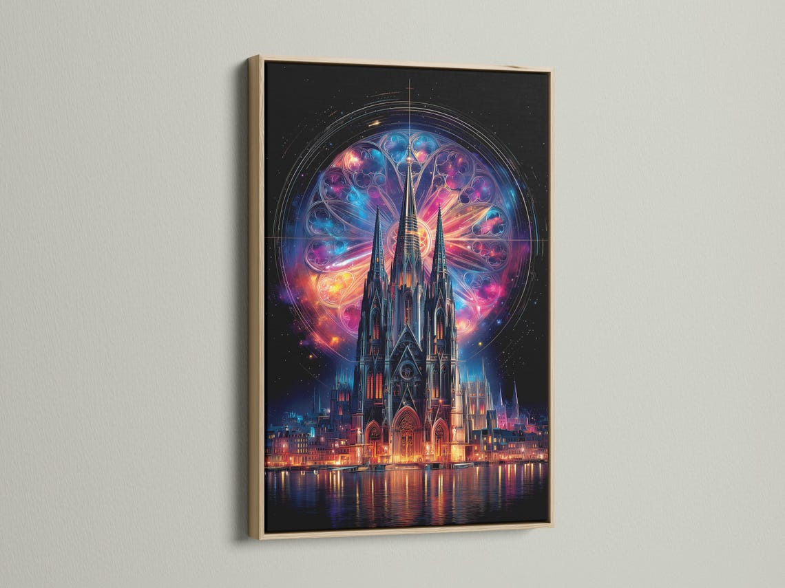 A glowing cosmic halo and gothic cathedral with neon-coloured windows over dark water detail view