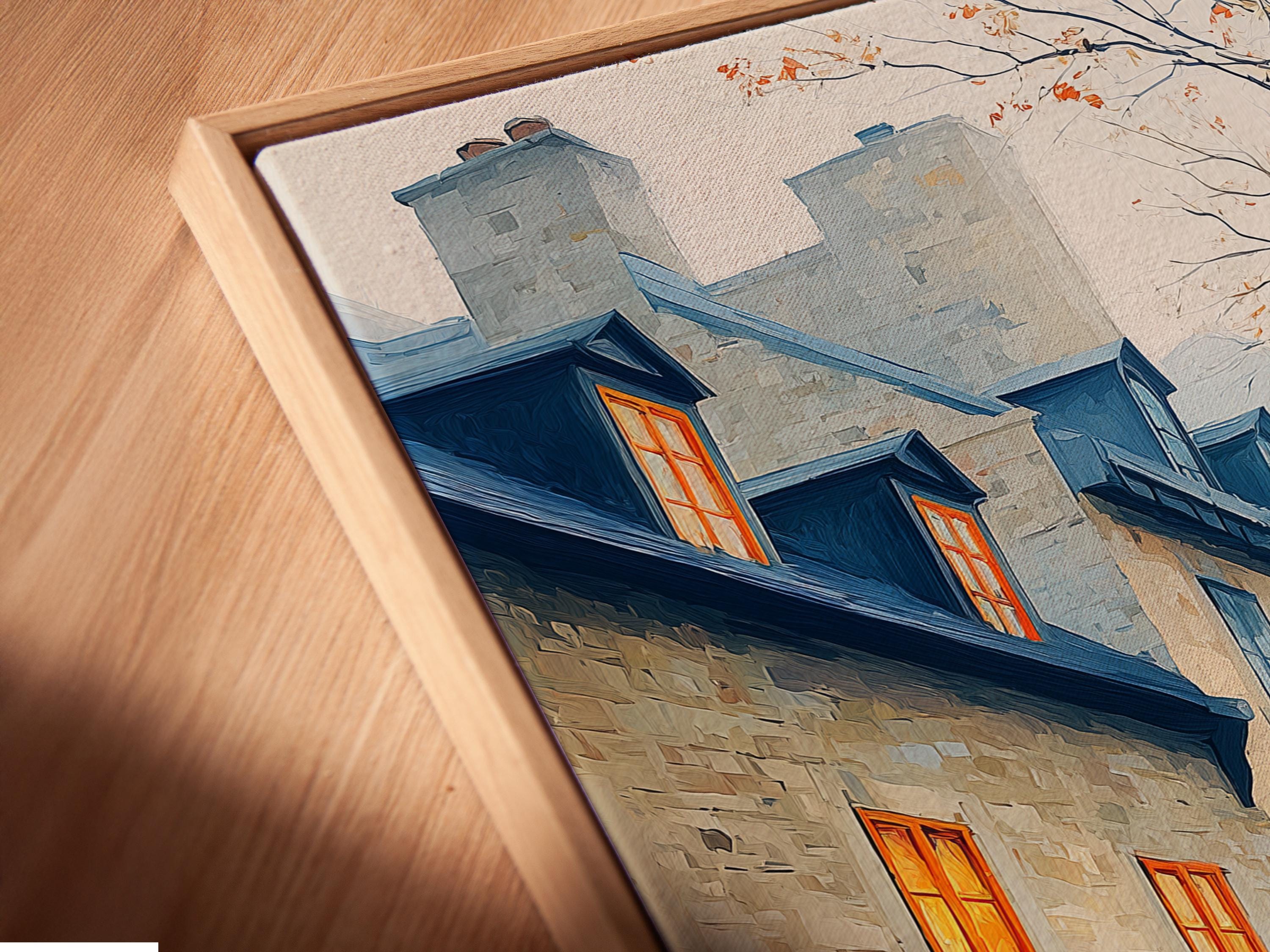 Portrait framed city street artwork mockup with foggy buildings and a red door