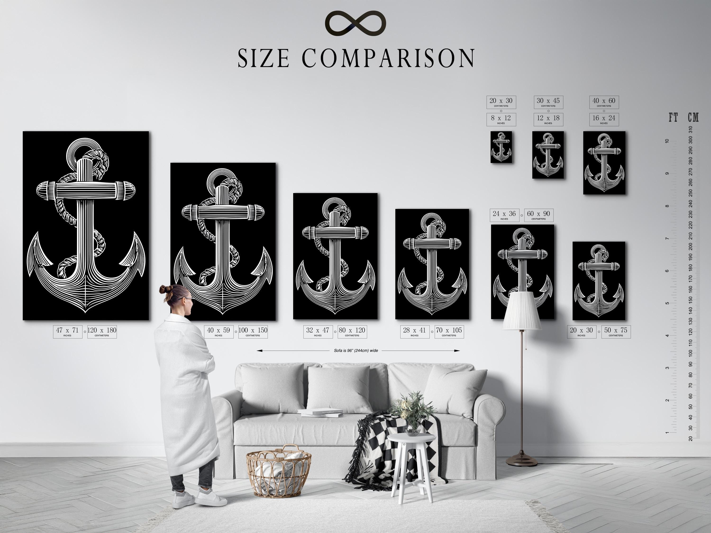 Black and white anchor line art with a profile figure and circular ring halo detail view