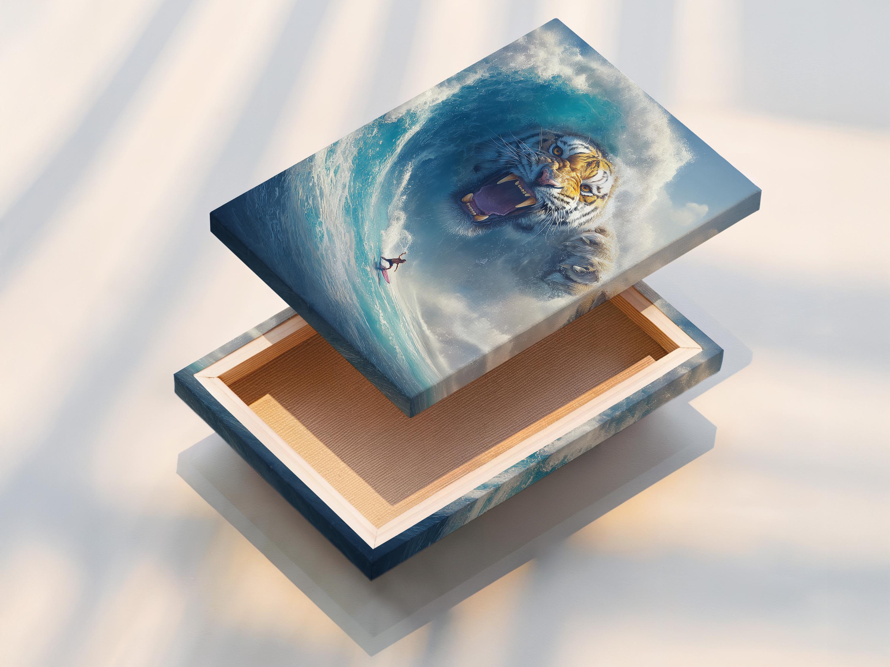 Wall mockup showing framed ocean fantasy tiger wave artwork