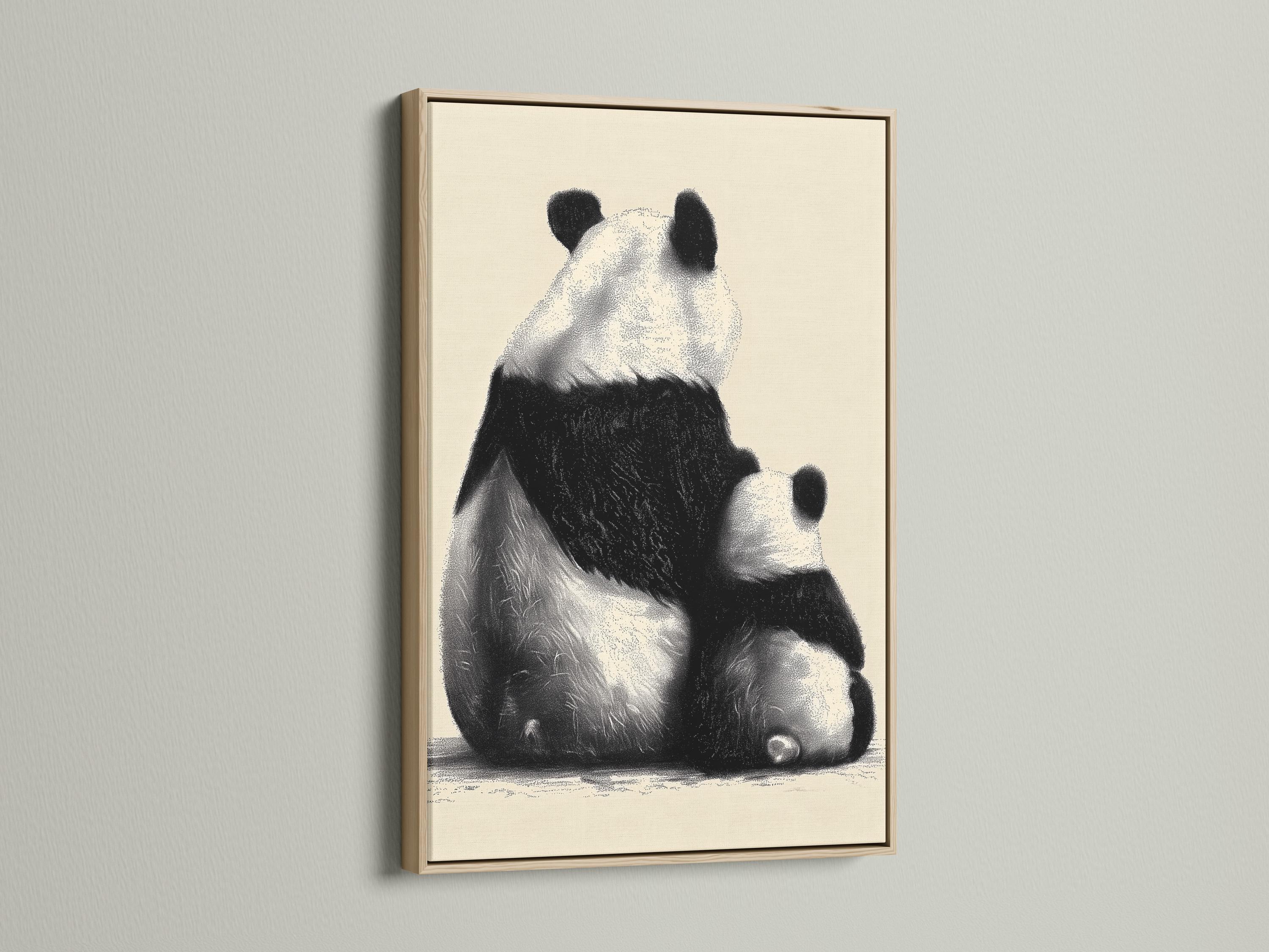 Wall mockup showing a framed panda portrait artwork in black and beige