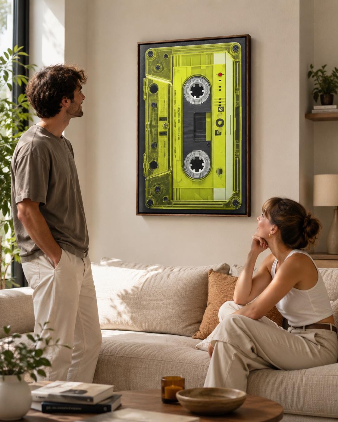 Neon lime cassette tape graphic framed in black with spool circles and a red dot detail detail view