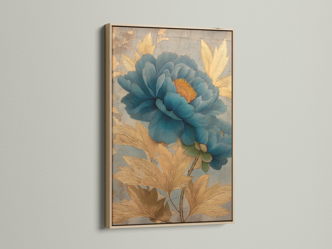 Teal peony flower with gold-brown leaves over a light grey map-like background detail view