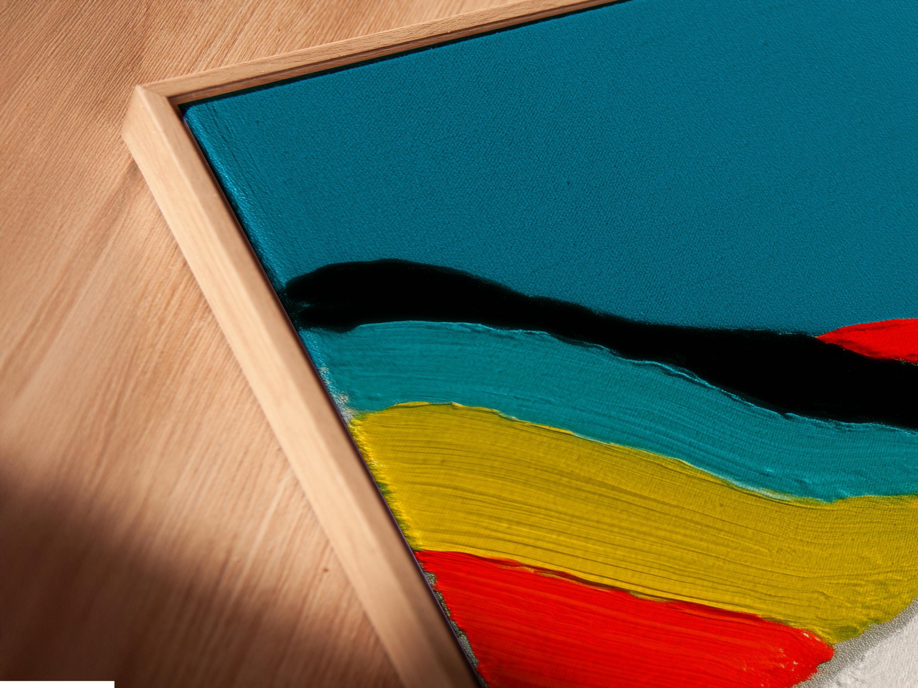 Red classic car on a winding white road with a yellow centre line and teal and red abstract backdrop detail view