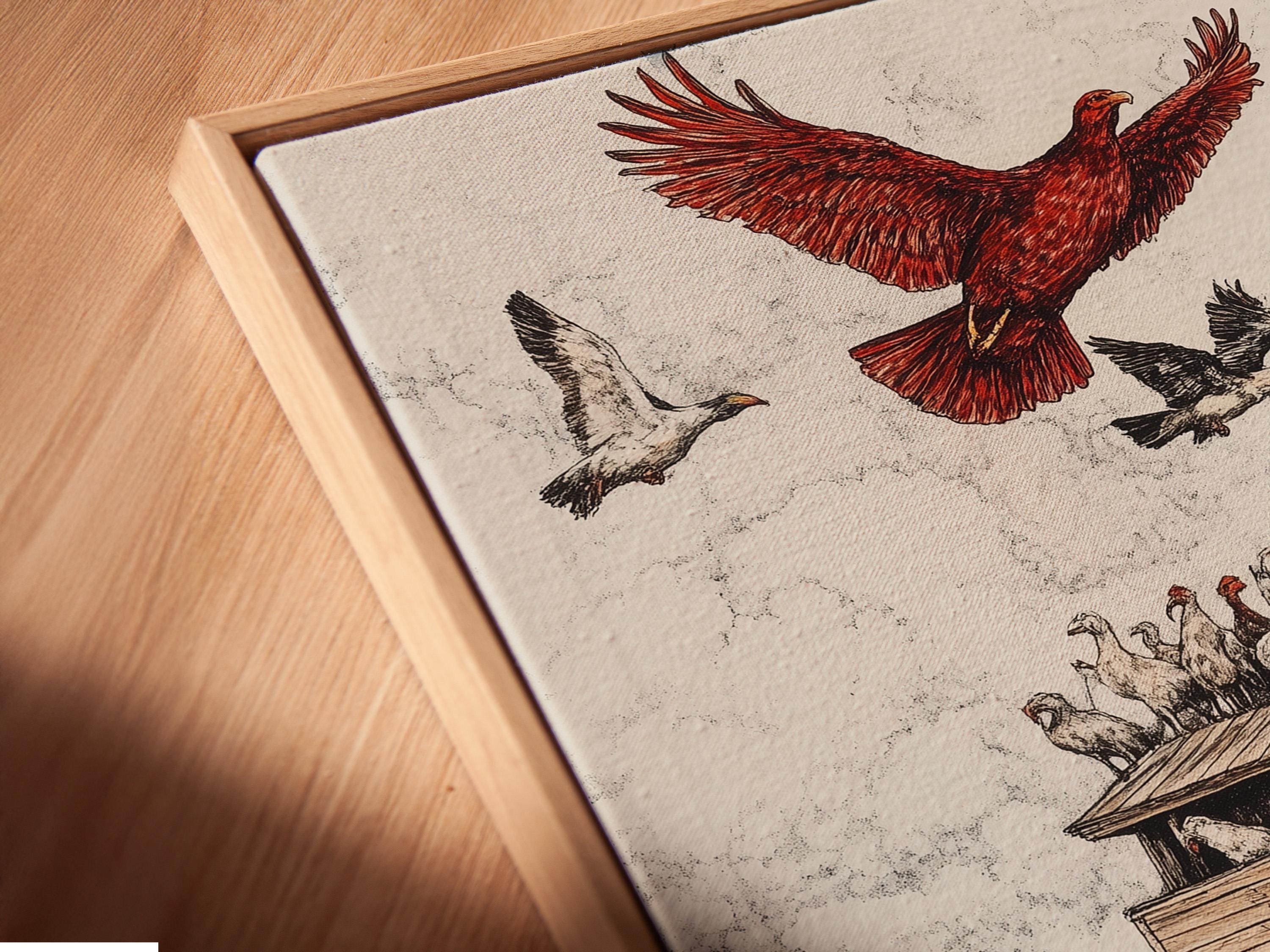 Vintage illustration of a red-feathered bird of prey flying above a wooden ark full of birds and grass detail view