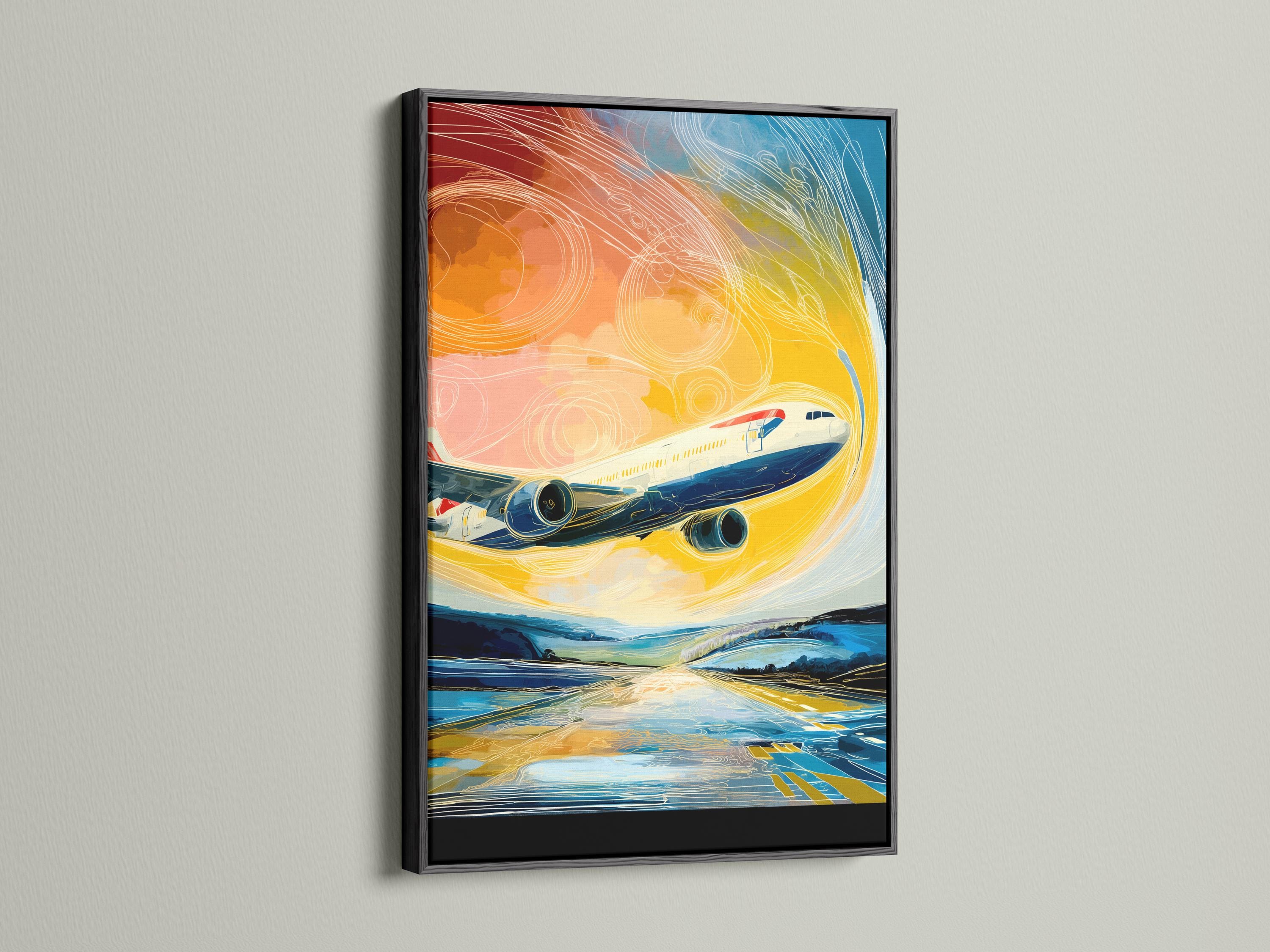 Stylised airplane illustration with swirling yellow, orange and blue lines detail view