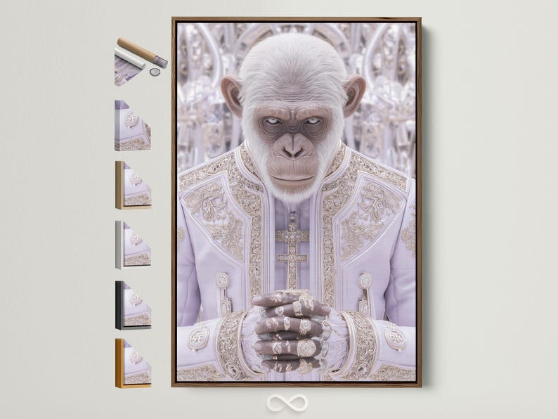 Surreal white monkey-like figure in ornate pale robes with cross motif in a soft lilac background