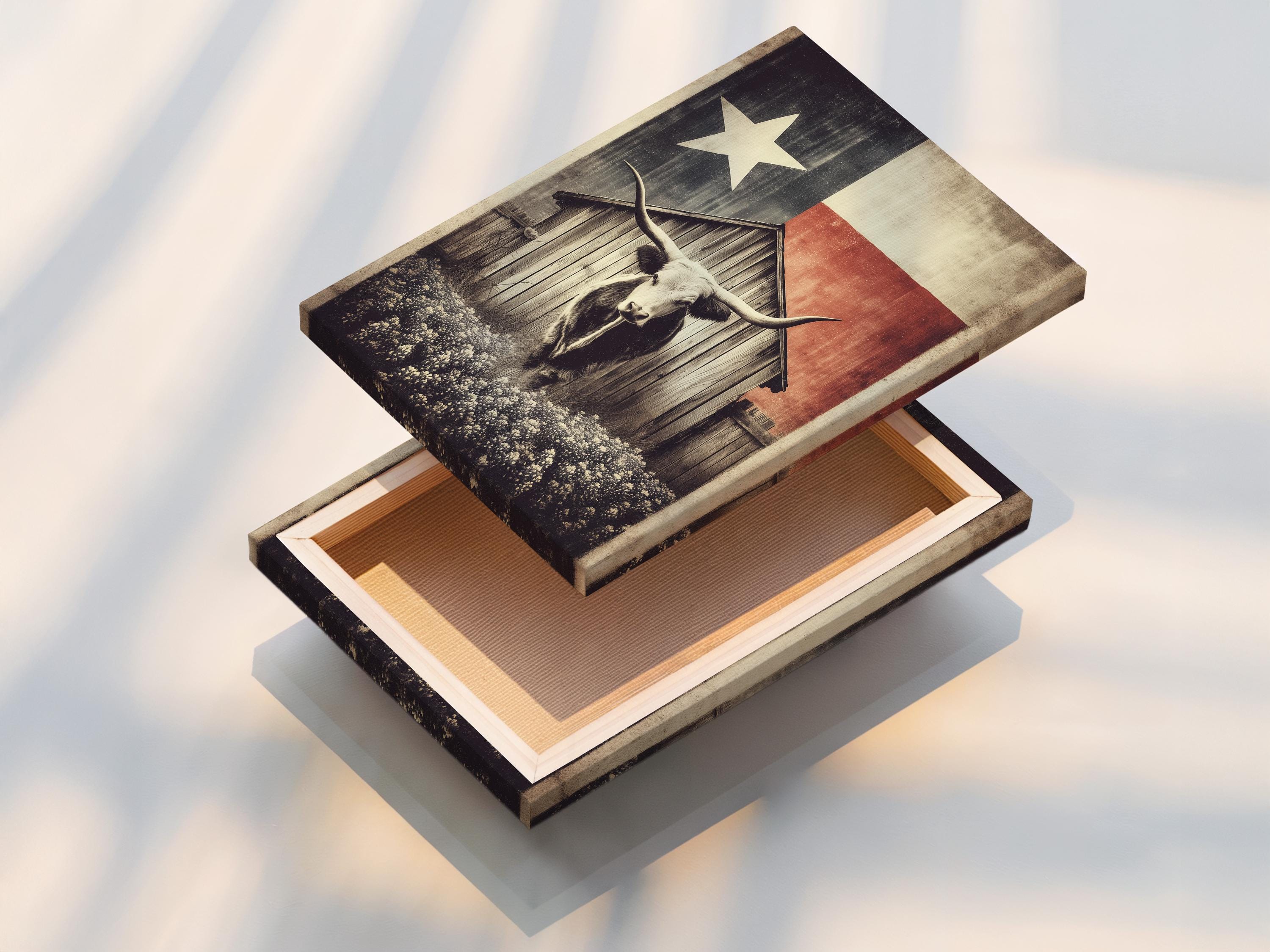 Longhorn steer illustration beneath a barn silhouette and a five-point star on a distressed sepia and charcoal background detail view