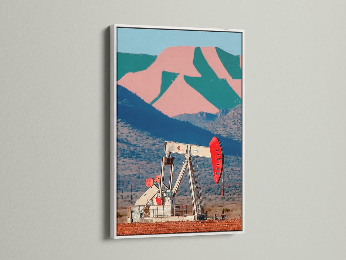 Retro oil pump rig artwork in a desert landscape with blue hills and pink rocks detail view