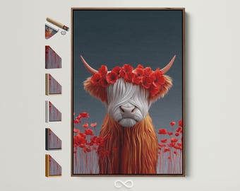 Floral Cow Canvas Print - Red Poppy Crowned Highland Cow Wall Art, Farmhouse Chic Decor for Living Room, Dining Room, Animal Lover Gift