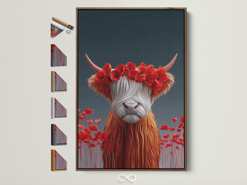 Stylised Highland cow portrait with a red poppy flower crown against a muted blue background