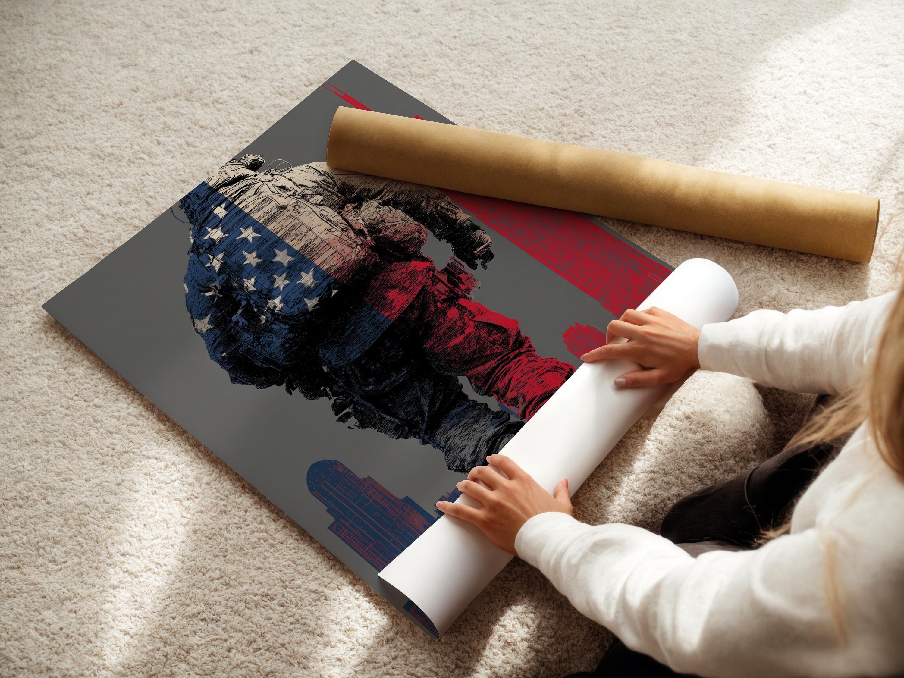 Distressed soldier illustration with blue star patchwork and red-and-navy city skyline detail view